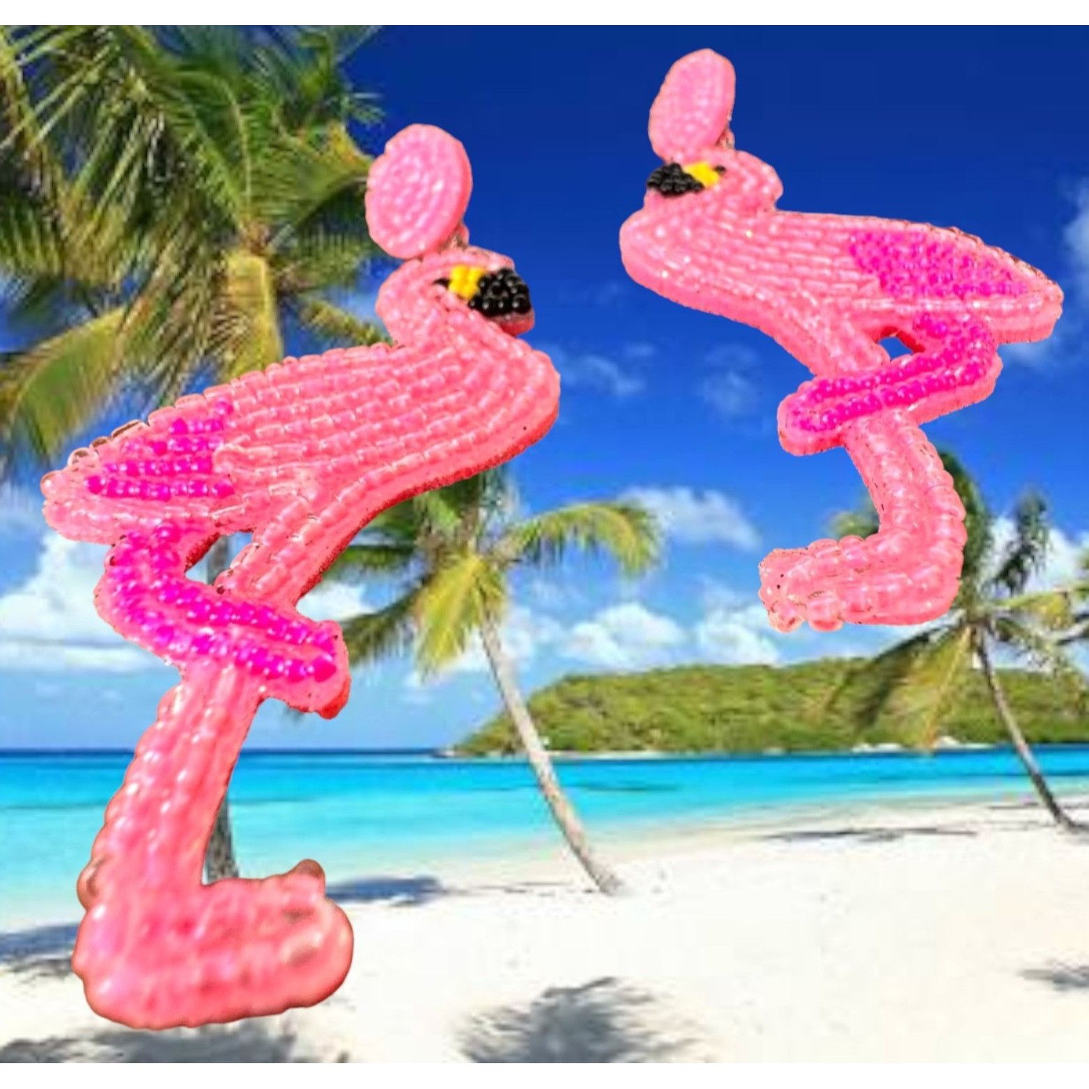 Handmade Flamingo Earrings Beaded Dangle Posts Pink Statement Jewelry Size ONE SIZE - 5 Thumbnail