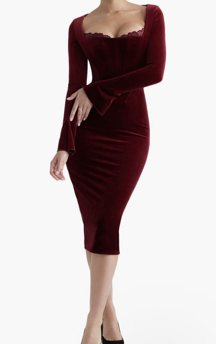 image of House Of Cb Solaine Lace Trim Long Sleeve Velvet Midi Dress in Wine, Women's (Size XS)