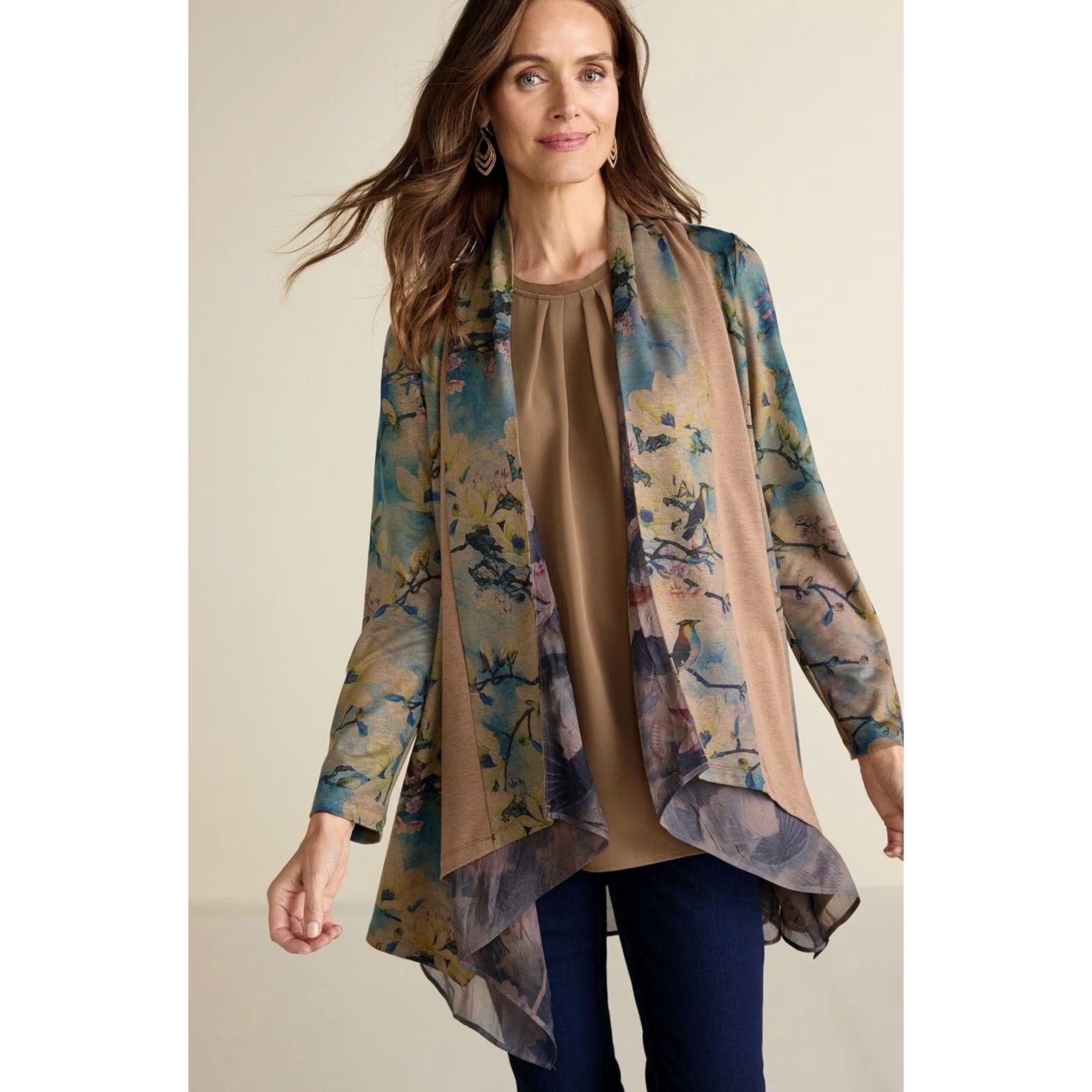 Soft Surroundings Soft Surroundings Cardigan Womens XS Women Brown Teal Tea Gardens Open Front Waterfall Size XS / US 0-2 / IT 36-38 - 4 Thumbnail