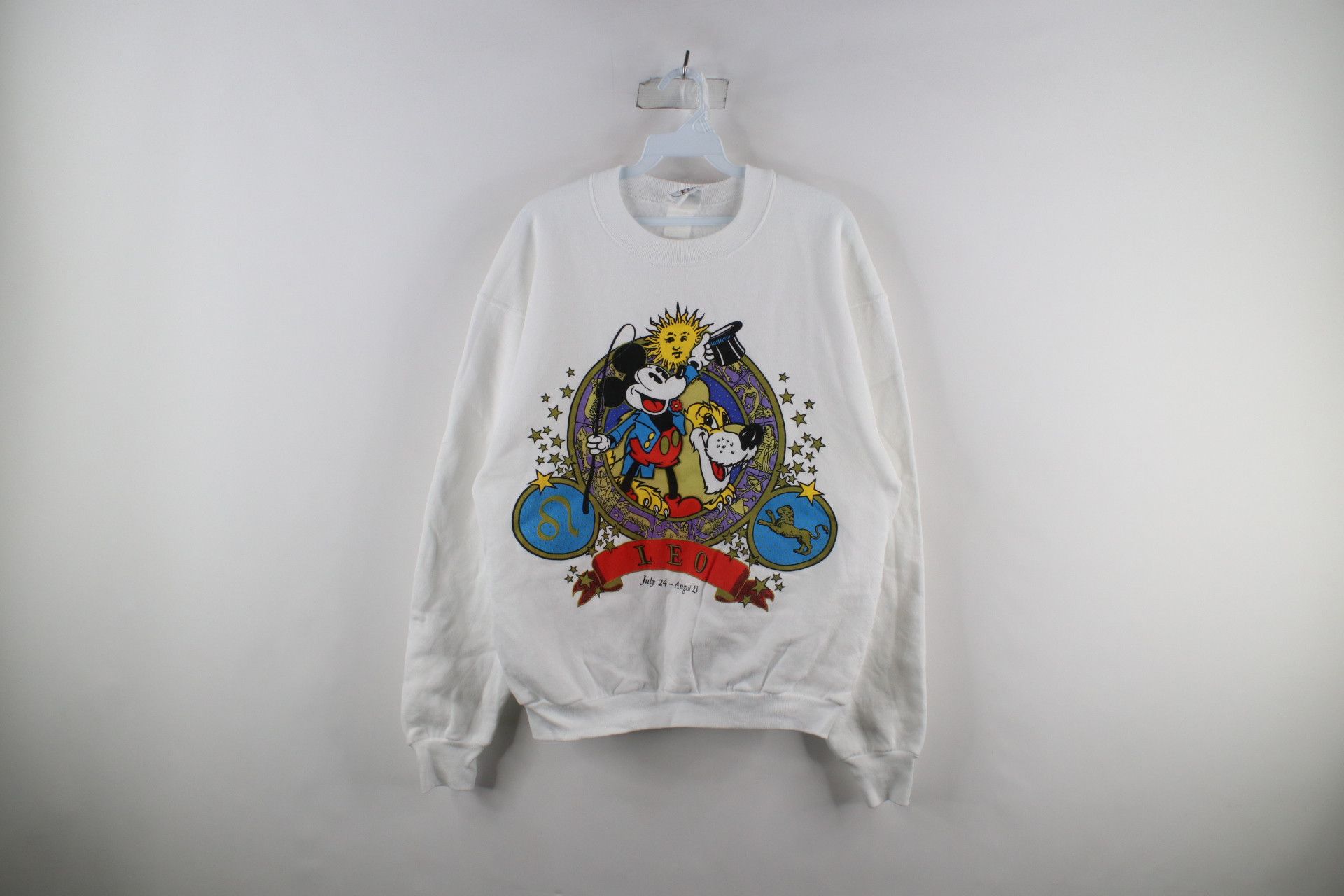 image of 90's Disney Mickey Mouse Leo Zodiac Sweatshirt in White, Women's (Size Large)