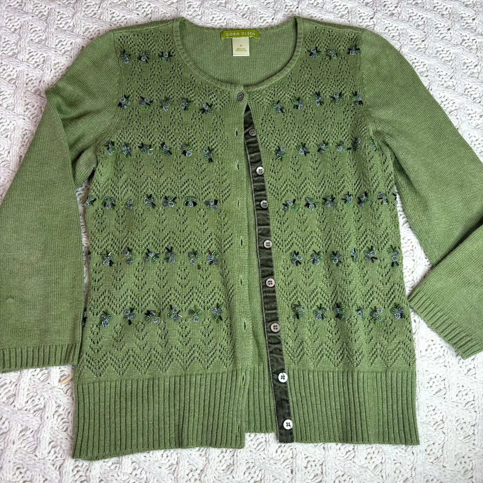 Other Sigrid Olsen Women's Green Open Front Knit Cardigan Sweater, Size M / US 6-8 / IT 42-44 - 2 Thumbnail