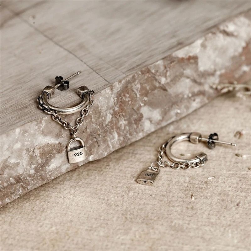 Jewelry Tassel Lock Chain Stud Earrings 925 Sterling Silver Gift Size ONE SIZE - 5 Thumbnail