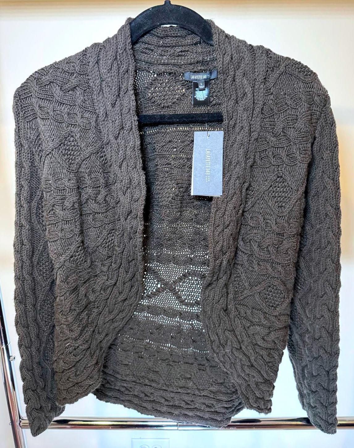 Designer Lafayette 148 New York Cable Knit Cardigan - Size L Size L / US 10 / IT 46 - 1 Thumbnail