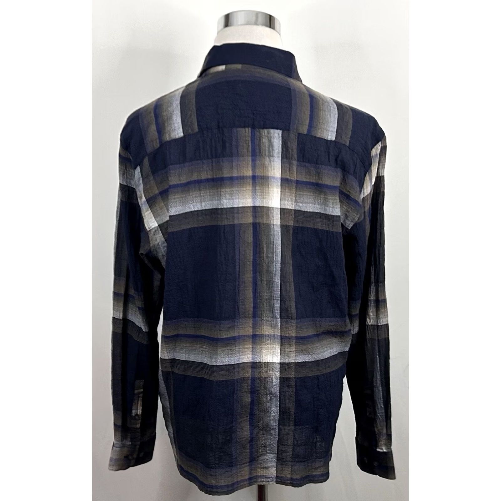 John Varvatos John Varvatos Shirt Navy Blue Gray Plaid Cotton Blend Regular Fit Large Cole Button-Up Shirt Mens L Size US L / EU 52-54 / 3 - 6 Thumbnail