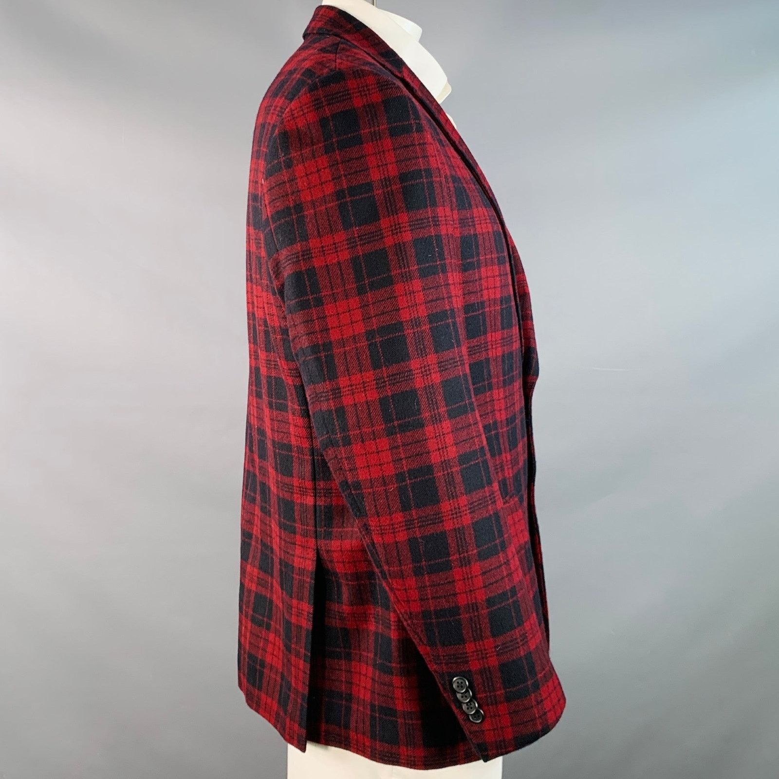 Paul Fredrick Red Black Plaid Wool Tailored Fit Notch Lapel Sport Coat Size 44R - 2 Thumbnail