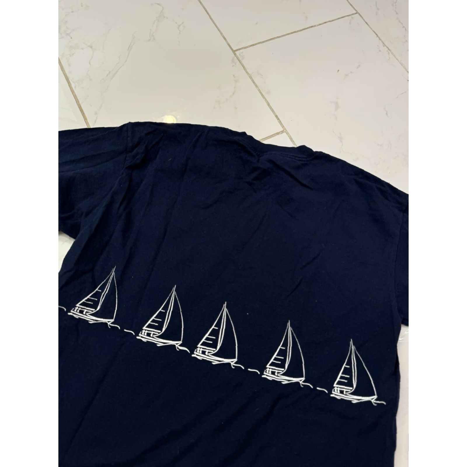 Gildan VINTAGE Sail Boat Navy Blue Wrap Around Sailing Nautical Ocean T-Shirt M Navy Mens M Blue Nautical Sail Boat T-Shirt Size US M / EU 48-50 / 2 - 6 Thumbnail