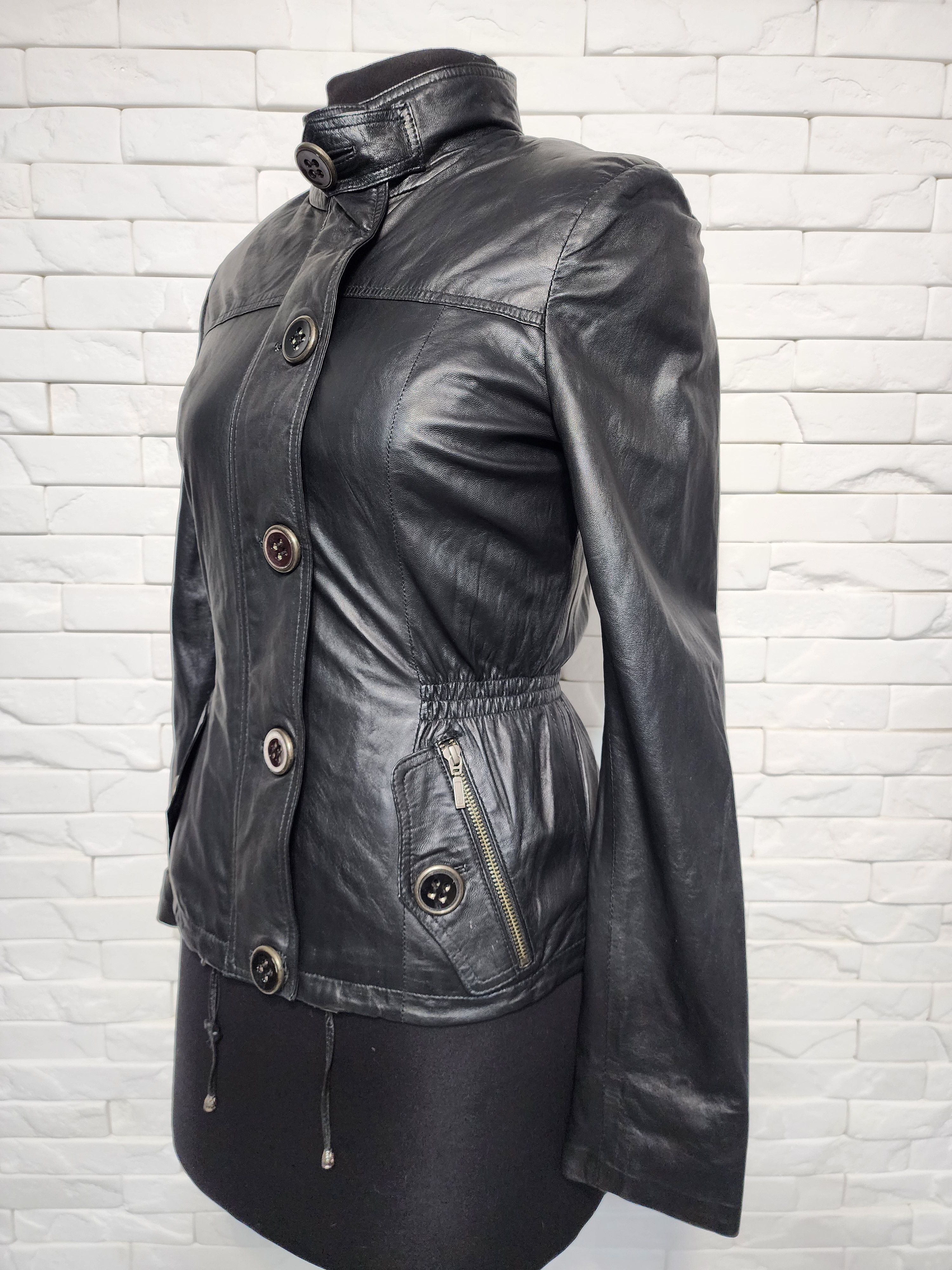Genuine Leather Quilted Black Leather Jacket: Collarless Zip-Up Size M / US 6-8 / IT 42-44 - 2 Thumbnail