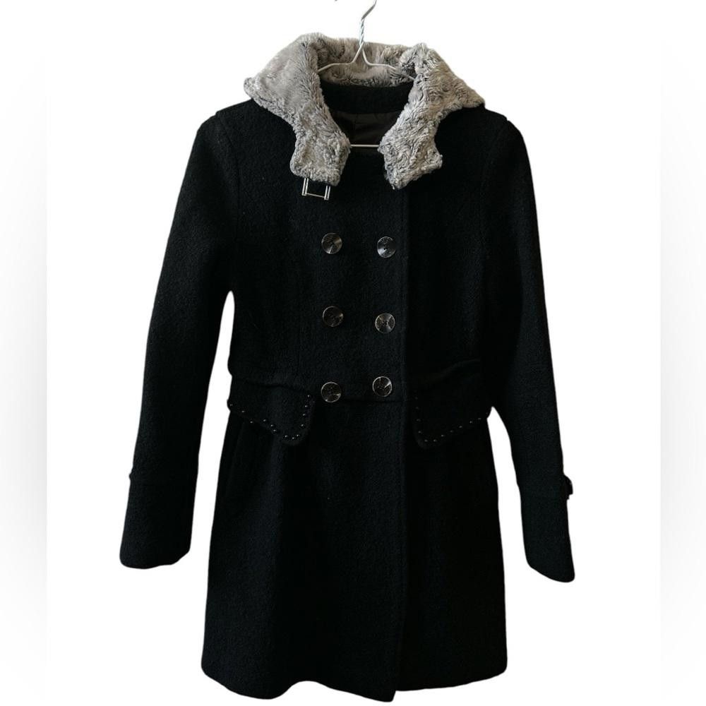 Designer Stylish Black Wool Coat with Faux Fur Collar Size S / US 4 / IT 40 - 1 Thumbnail