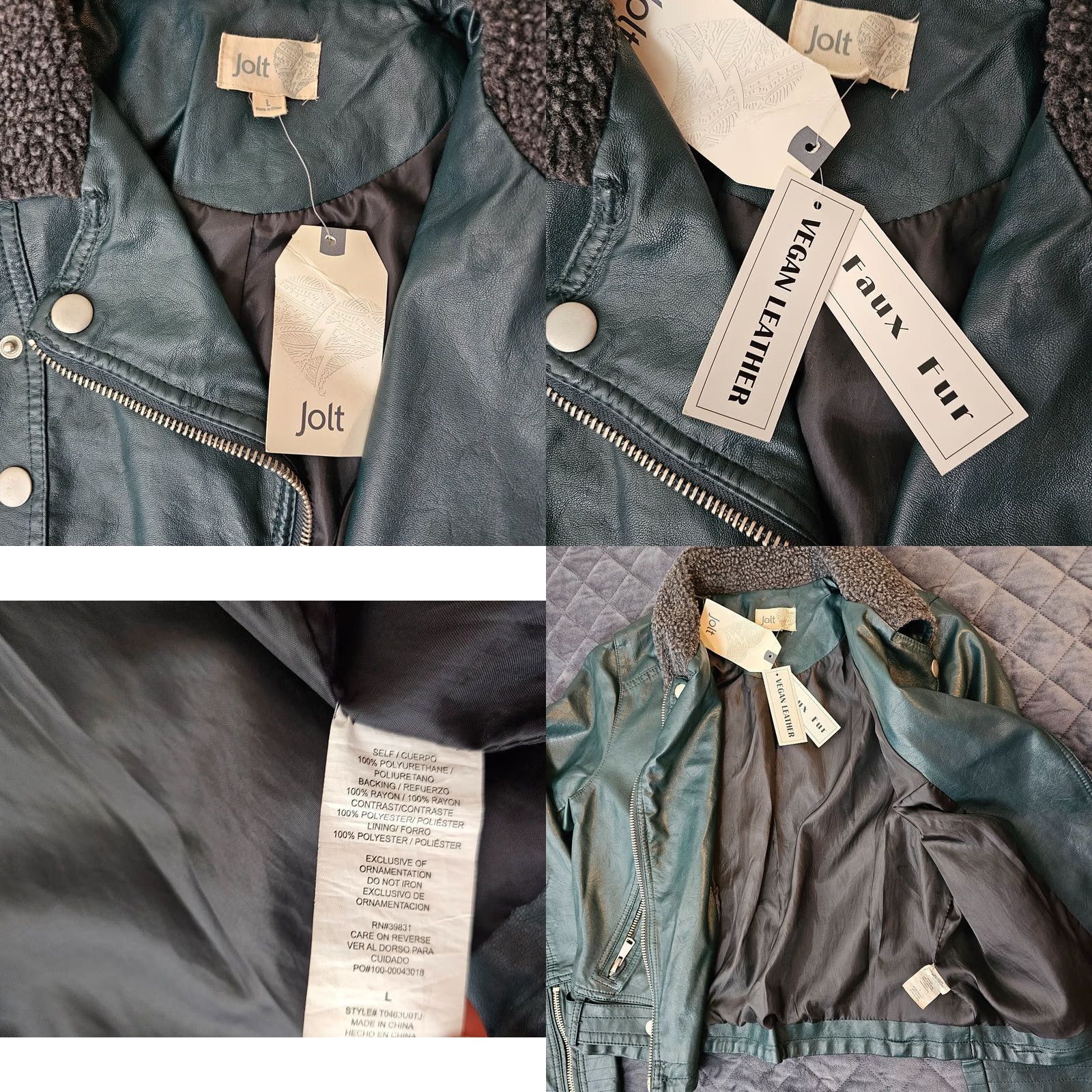 Vintage Jolt Jacket Green Size L Womens Faux Fur Accent Zipper Leather Long Sleeve Size L / US 10 / IT 46 - 9 Thumbnail