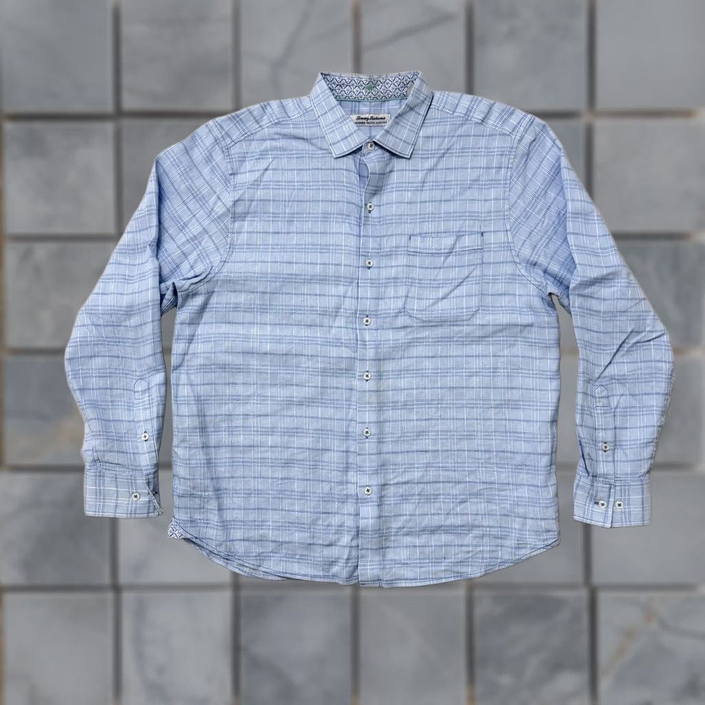 Tommy Bahama Tommy Bahama Shirt Mens Large Blue Linen Plaid Barbados Breeze Stretch Button Up Shirt Size US L / EU 52-54 / 3 - 1 Thumbnail
