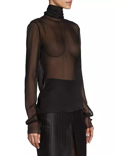 Saint Laurent Paris o1s1wg111124 Turtleneck Blouse in Silk Muslin Crepe in Black Size S / US 4 / IT 40 - 4 Thumbnail