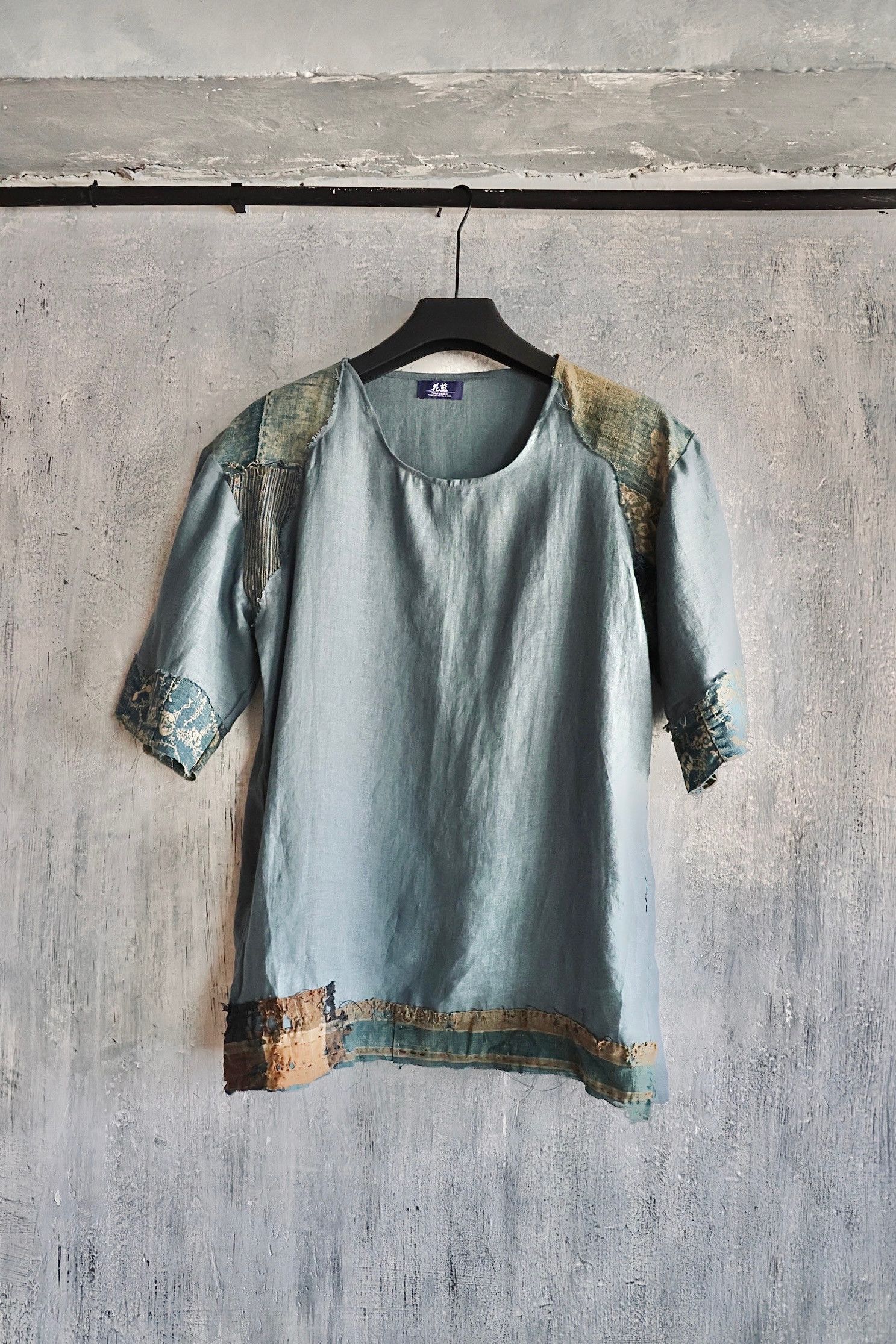 image of Hanaindigohk Boro + 100%linen Made In Japan Summer Tee in Indigo, Men's (Size Medium)