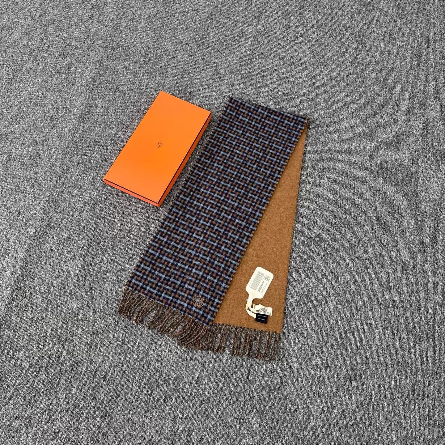 Hermes Hermes Blue Brown Check Cashmere Scarf 99 150x25cm Size ONE SIZE - 1 Thumbnail
