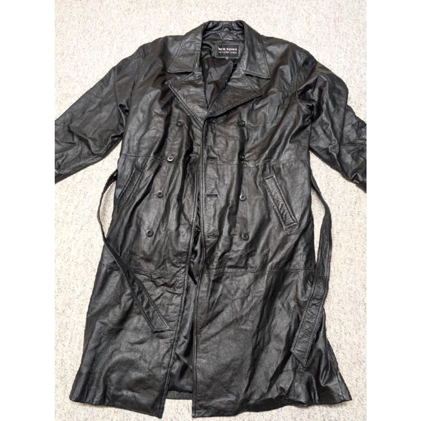 Vintage VINTAGE Wilsons glove leather TRENCH COAT Men XL Black belted double breasted Y2K cowhide coat Mens XL Black trench coat leather Size US XL / EU 56 / 4 - 7 Thumbnail