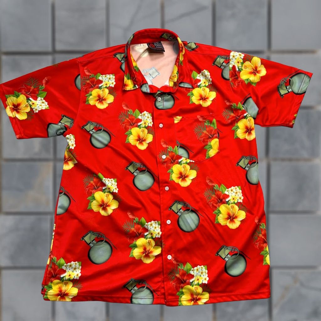 Vintage OAF Nation Shirt Mens 2XL Red Floral Hawaiian Grenade Military USA Button Up Size US XXL / EU 58 / 5 - 1 Thumbnail