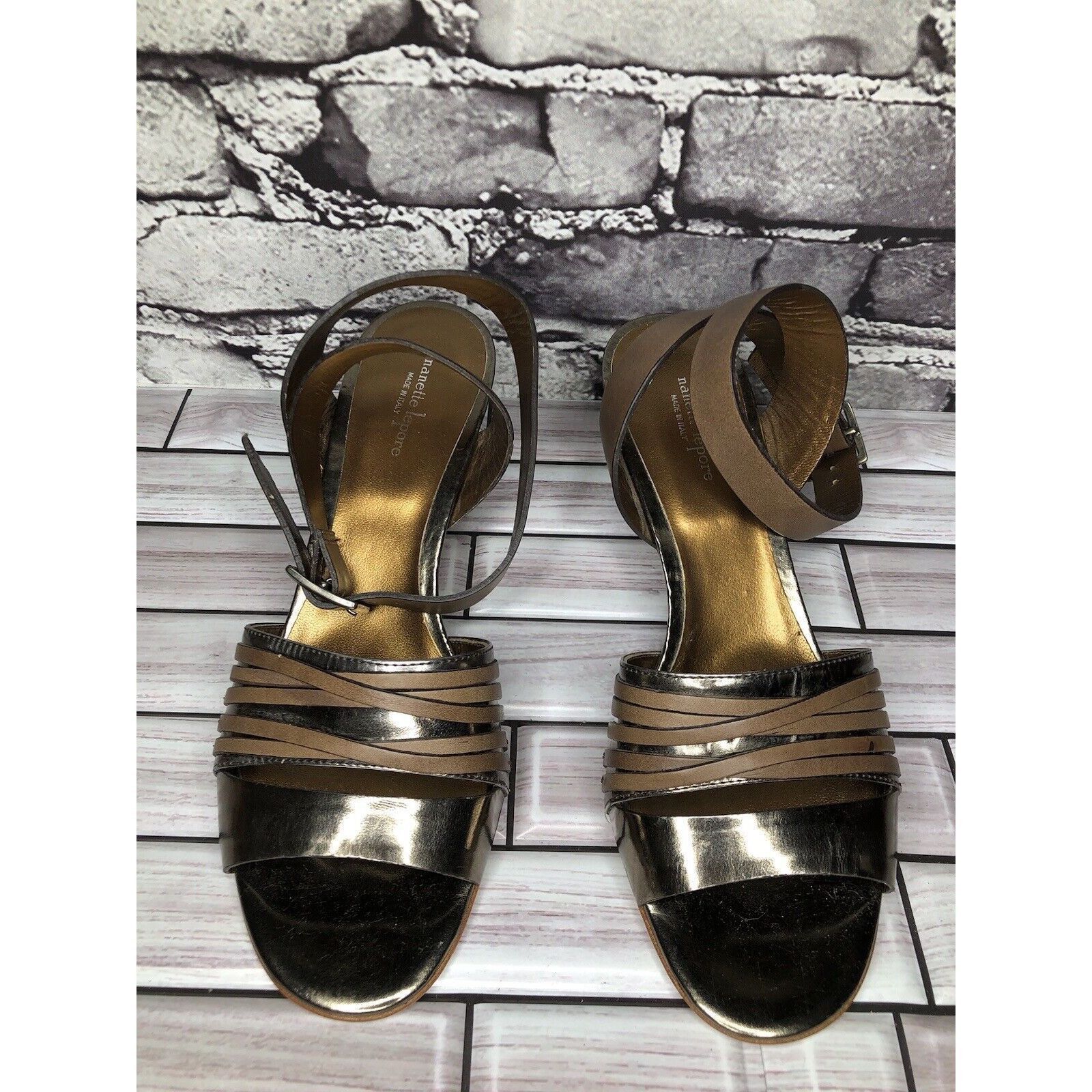 Other Nanette Lepore Silver Patent Brown Leather Ankle Straps Heel Size US 7.5 / IT 37.5 - 11 Thumbnail