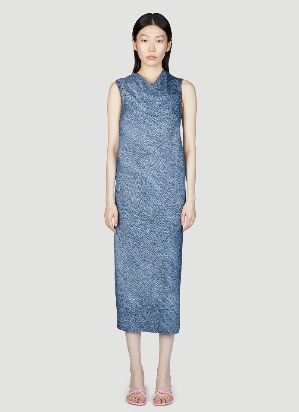 image of Bottega Veneta Denim Print Midi Dress in Blue, Women's (Size Small)