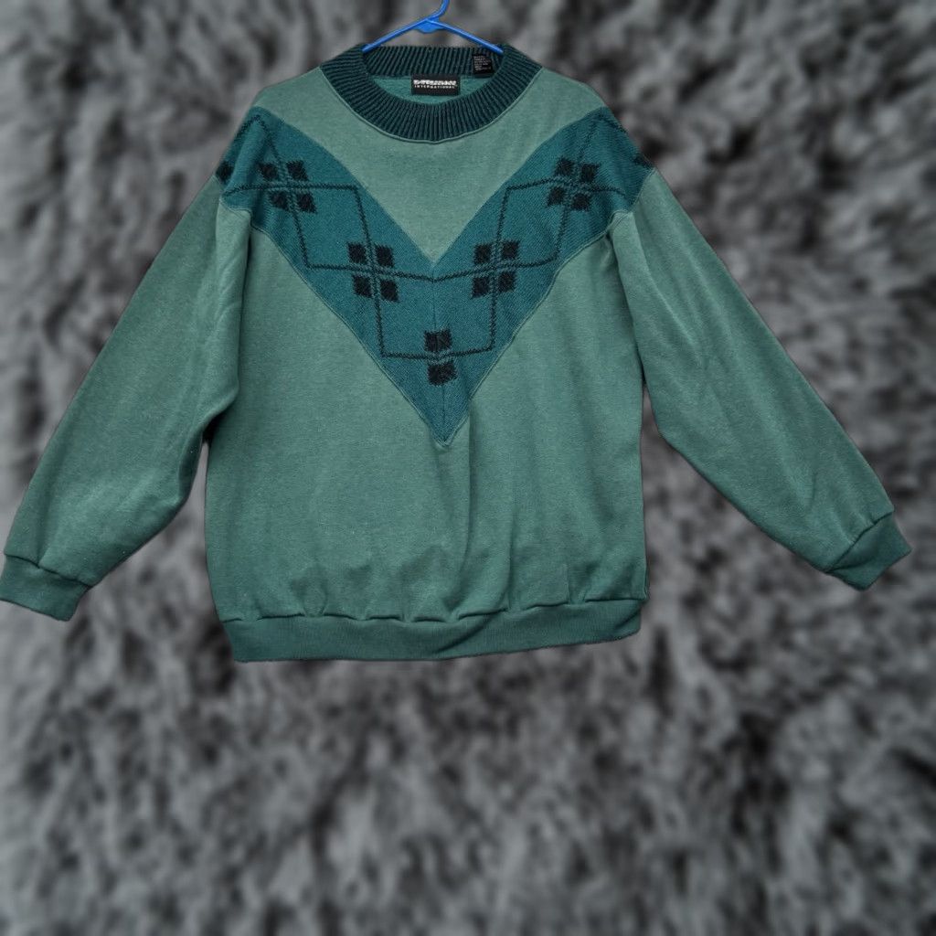 Vintage VINTAGE Expressions Sweatshirt Womens L 90s Grandpacore Argyle Ribbed Layering Winter Green Cotton Polyester Crew Neck Pullover Size L / US 10 / IT 46 - 1 Thumbnail
