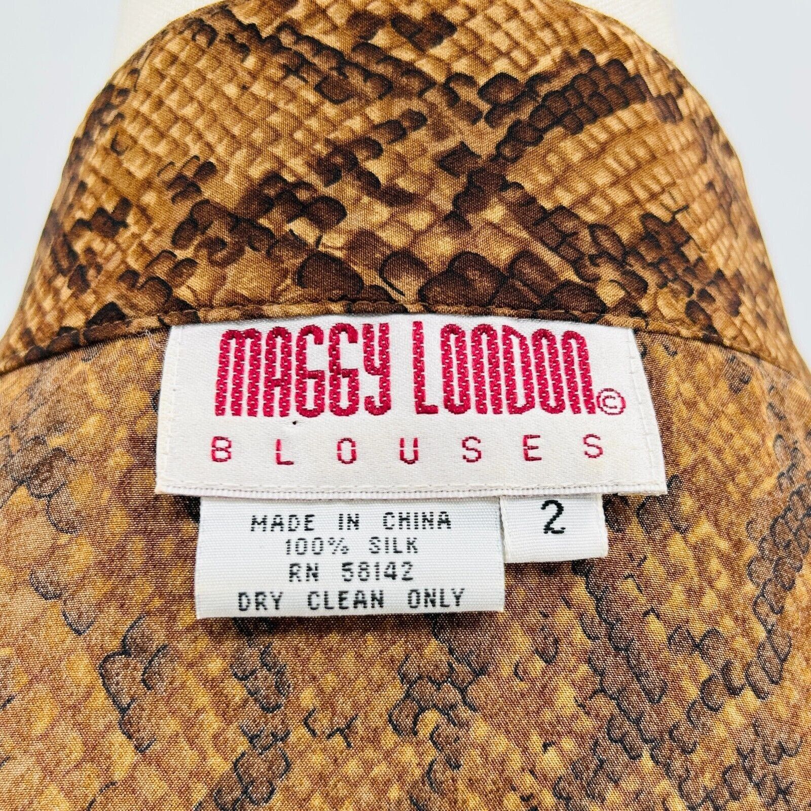 MAGGY LONDON 80s Maggy London Brown High Neck SnakeSkin 100% SILK Blouse Size S / US 4 / IT 40 - 7 Thumbnail