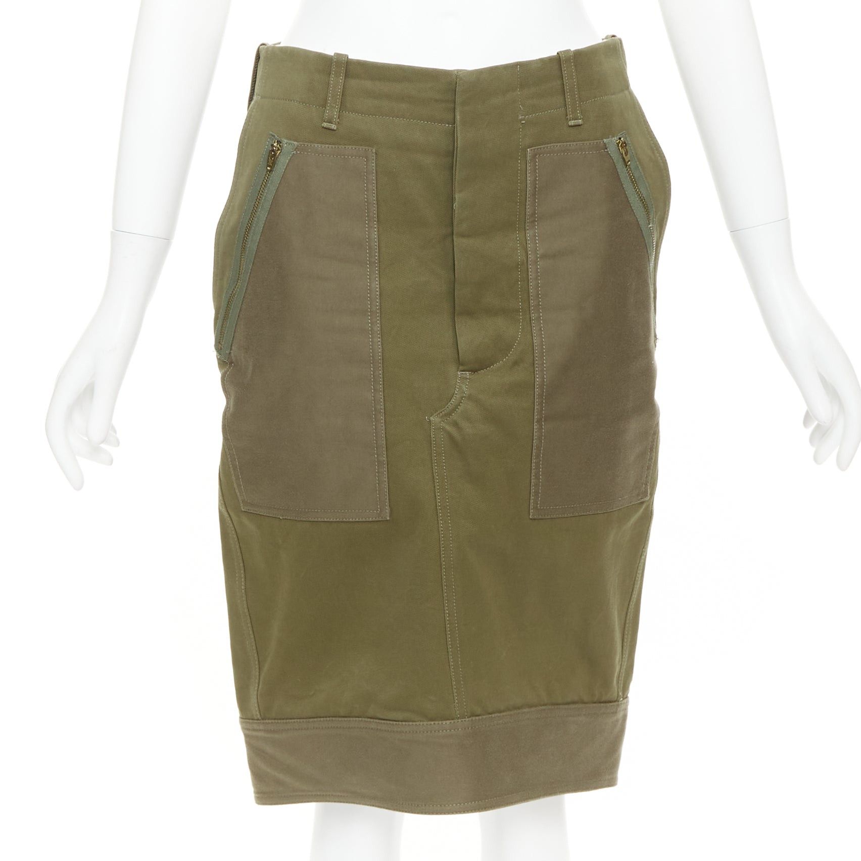 Celine CELINE 2010 khaki green cotton patchwork pocket zipper cargo skirt FR40 L Size 30" / US 8 / IT 44 - 1 Thumbnail