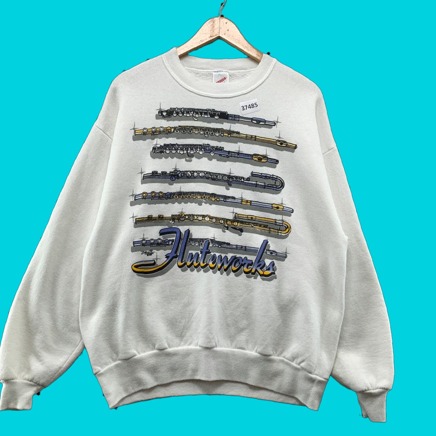 Jerzees VINTAGE 80s JERZEES Flute Graphic Crewneck Sweatshirt Men Large White Music Fleece Pullover Size US L / EU 52-54 / 3 - 1 Thumbnail