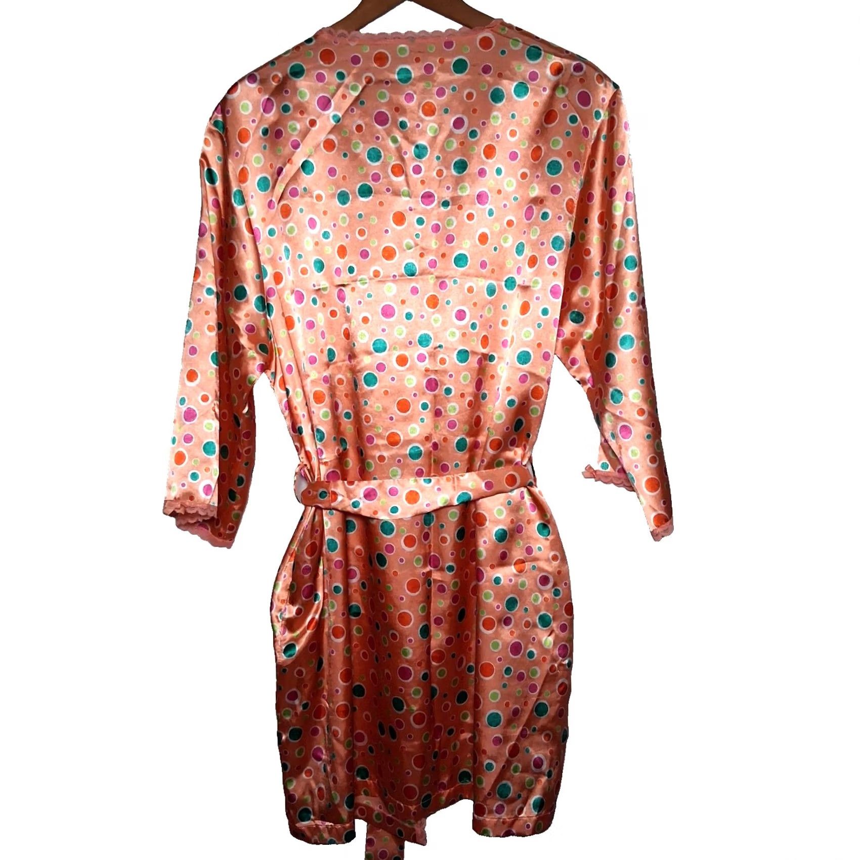 Vintage VINTAGE Leslie Fay Intimates Robe L Peach Satin Polka Dot Lace Trim 1990s Women Size ONE SIZE - 2 Thumbnail