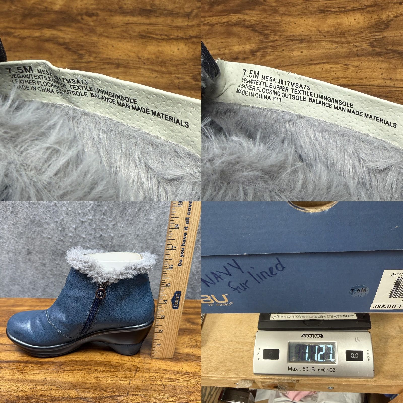JBU Mesa Boots Women 7.5 Midnight Navy Faux Fur Wedge Booties Vegan Memory Foam Casual Winter