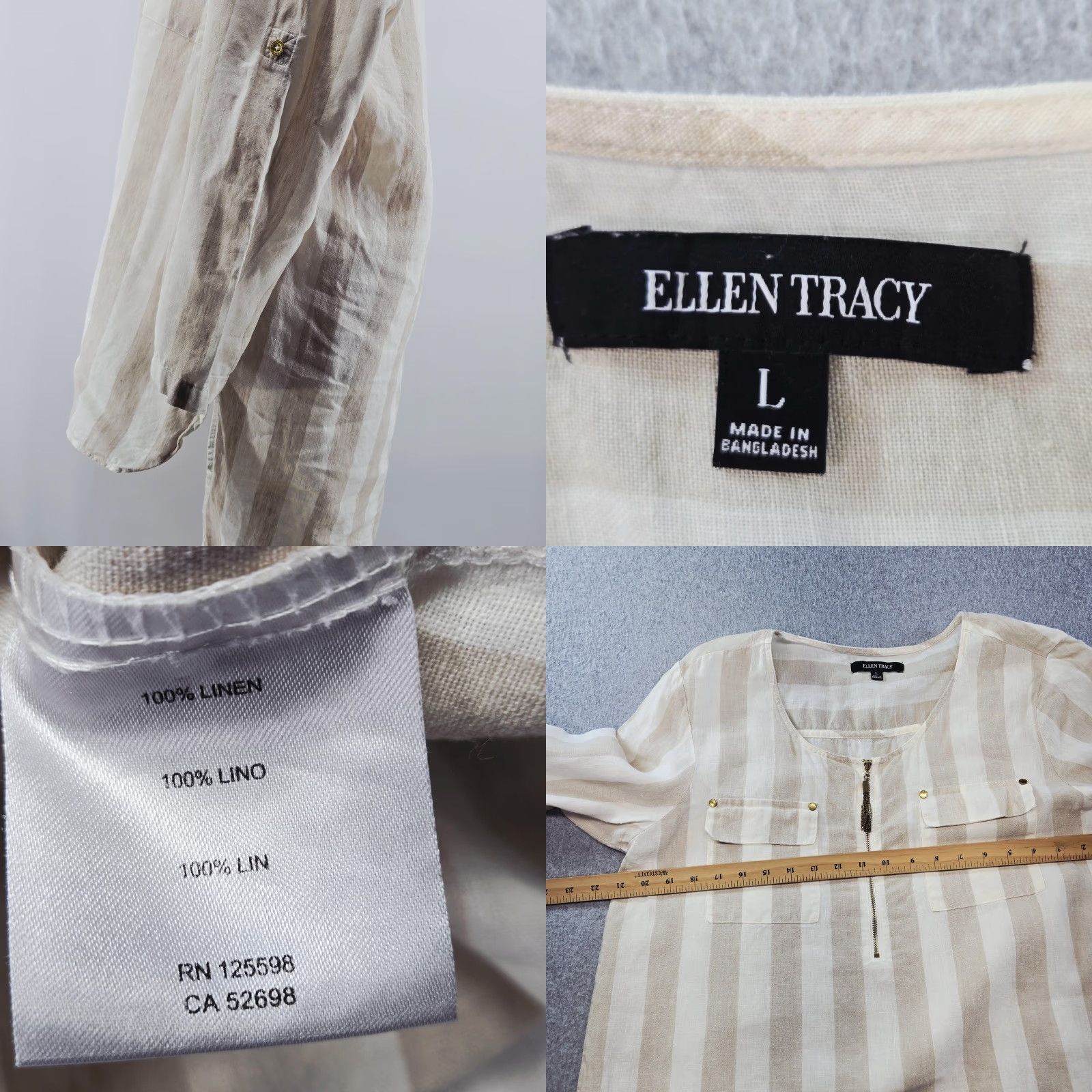 Ellen Tracy Ellen Tracy Blouse Womens L Beige Striped Linen Round Neck 3/4 Roll Tab Sleeve Zip Pockets Tunic Mens? Womens Size L / US 10 / IT 46 - 8 Thumbnail