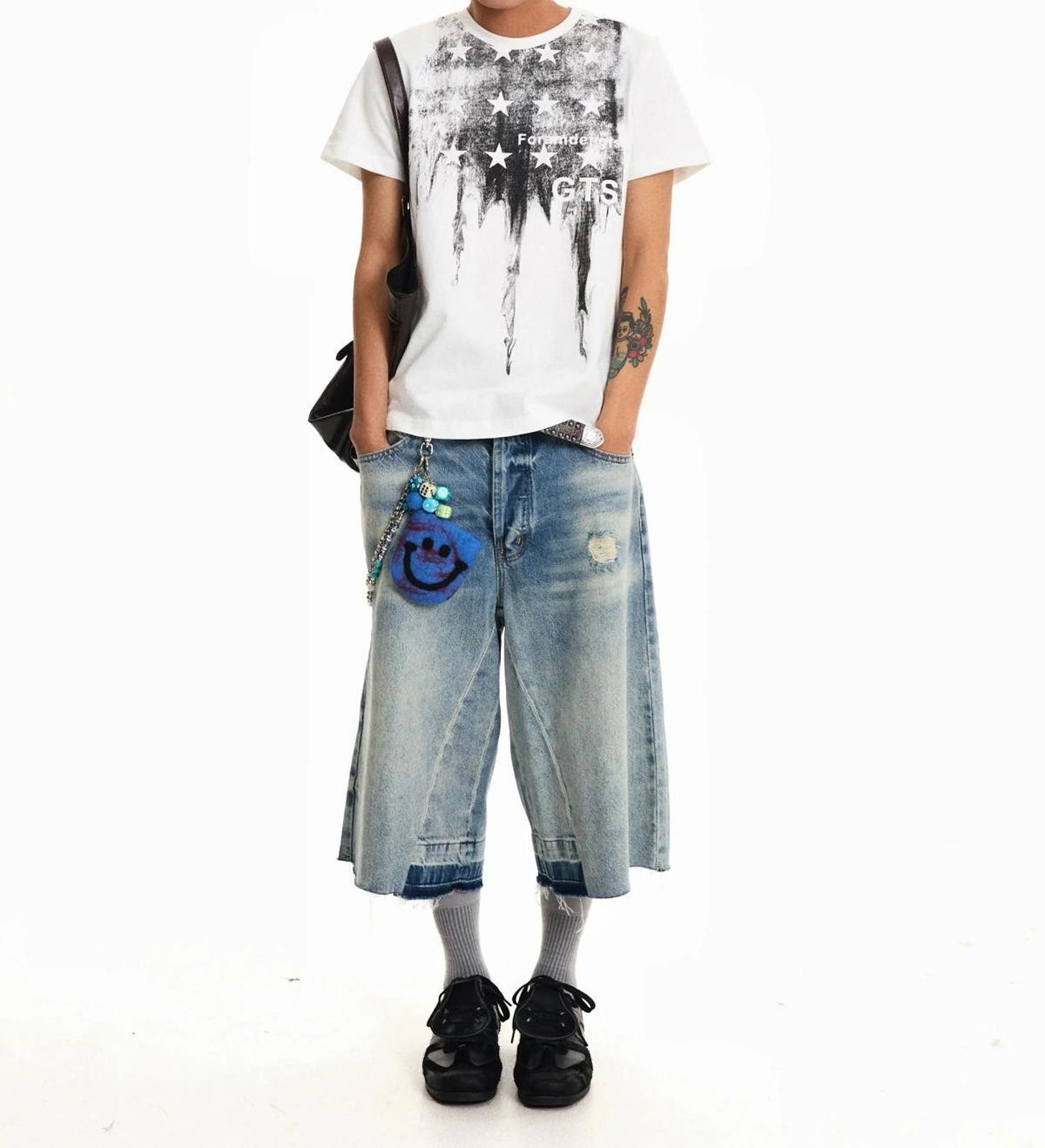 Other Washed Denim Camo-Splice Baggy Jorts - Frayed Size US 28 / EU 44 - 4 Thumbnail
