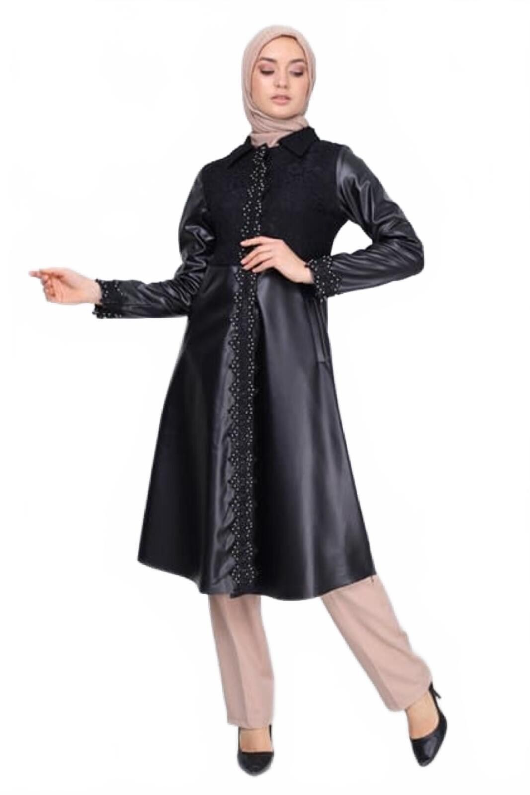 The Unbranded Brand Elegant Black Faux Leather and Lace Long Coat, Size - 6 Size M / US 6-8 / IT 42-44 - 3 Thumbnail