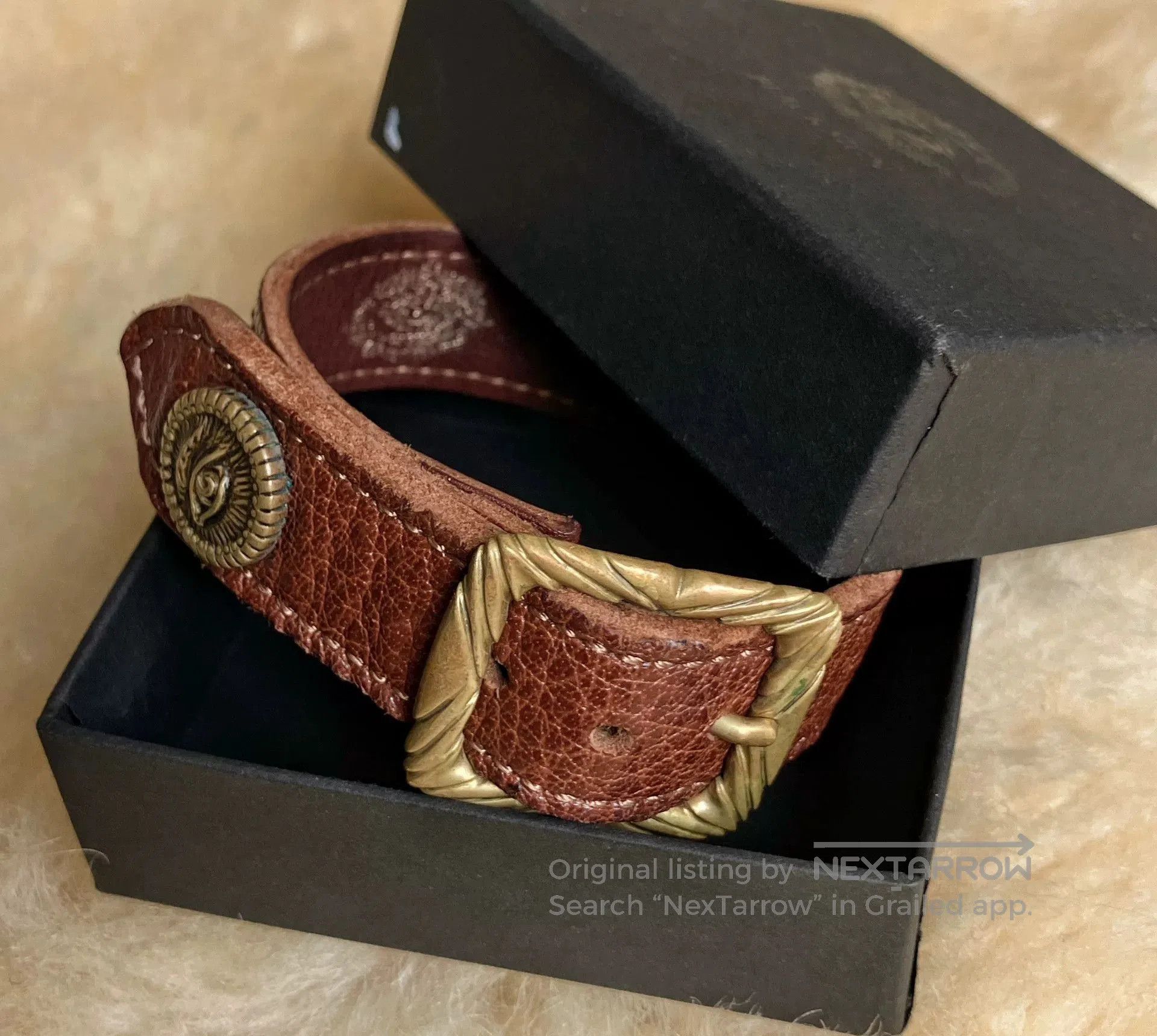 Vintage Handmade Leather Bracelet with Brass Buckle. Size ONE SIZE - 2 Thumbnail