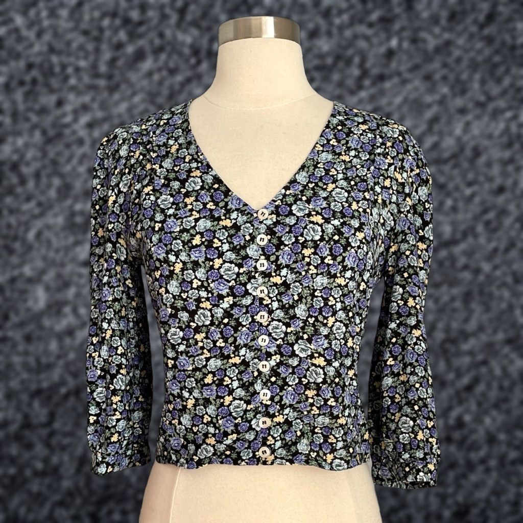 Rouje Daria Floral Blouse Top Button Front Size 34 Multicolor Viscose Rayon Women 3/4 Sleeve V-Neck Button Front Casual Formal Workwear