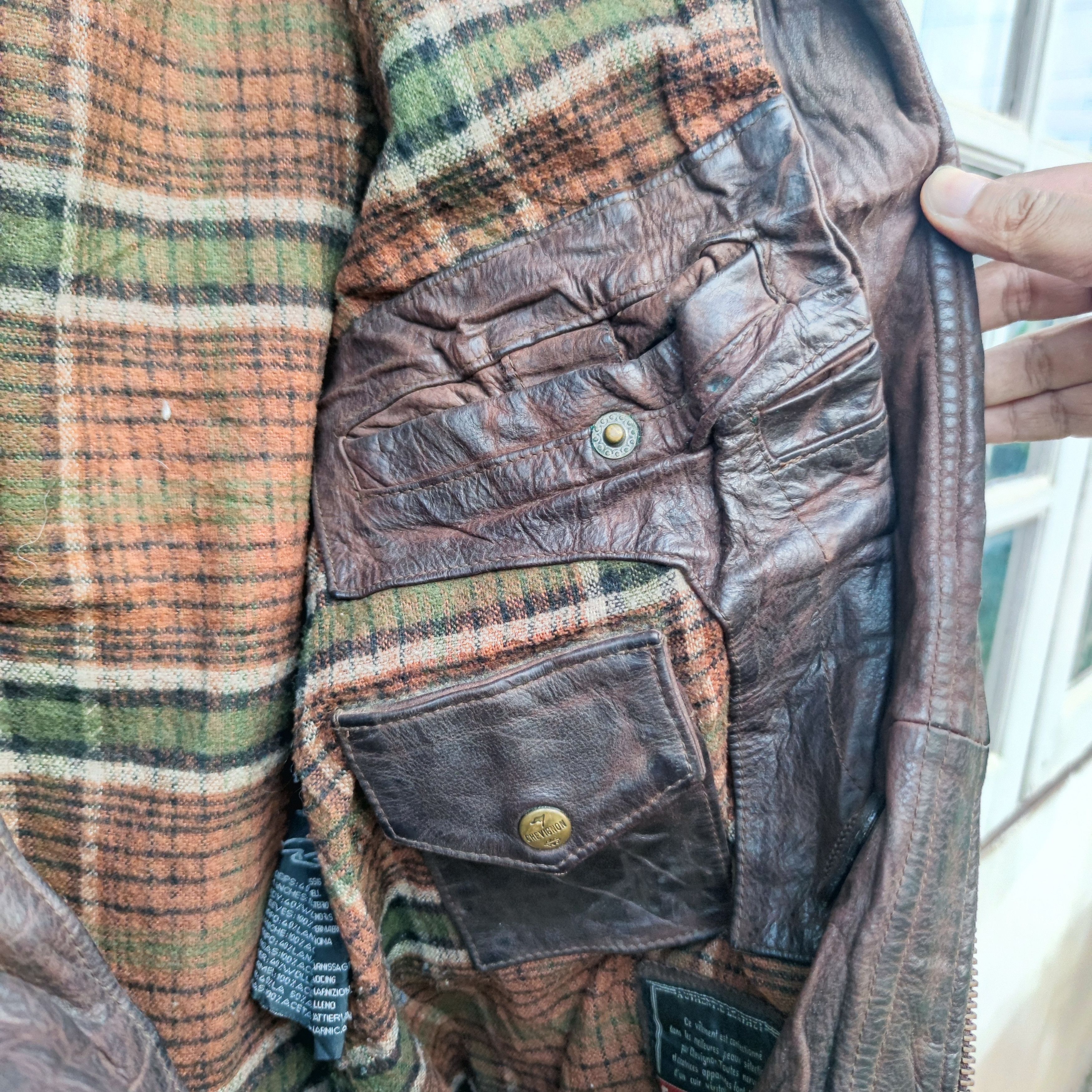 Chevignon Calfskin Leather Plaid Tartan lined Jacket