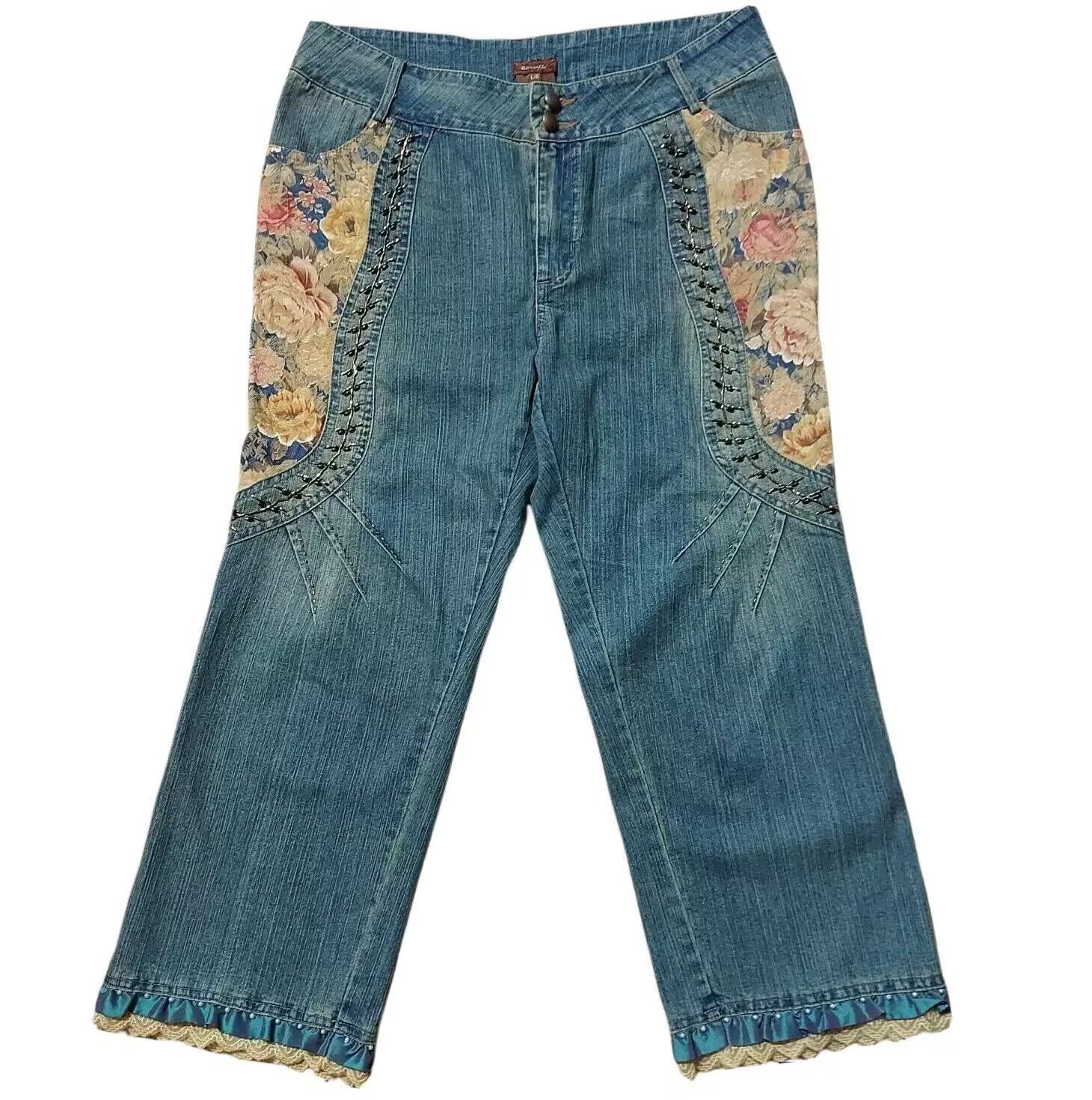 Vintage Vintage Jeans Denim L Floral Patched Beaded Inseam 23.5 Size 30" / US 8 / IT 44 - 1 Thumbnail