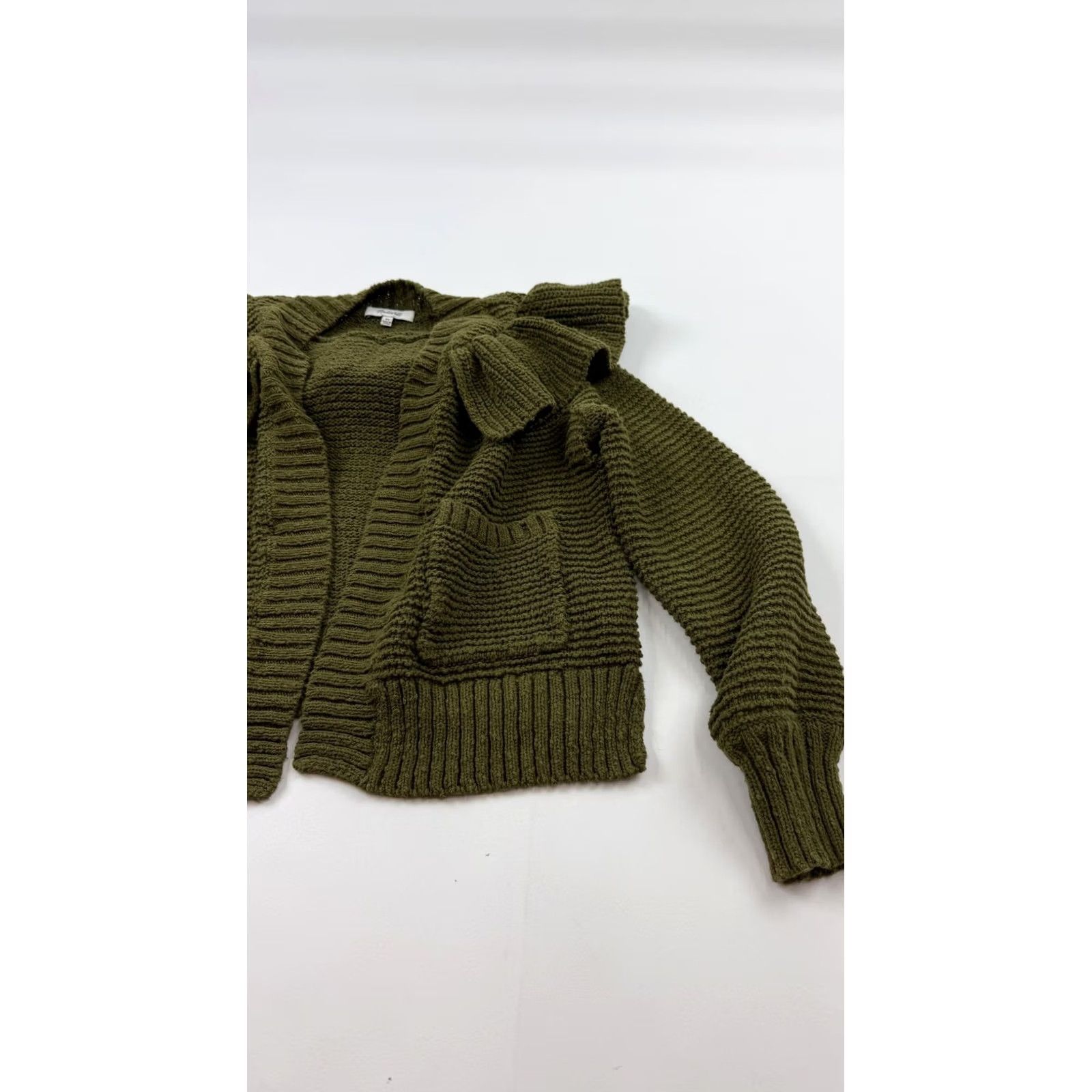 Madewell Madewell Sweater Womens XS Green Cardigan Olive Ruffle Collar Open Front Pockets Size XS / US 0-2 / IT 36-38 - 3 Thumbnail