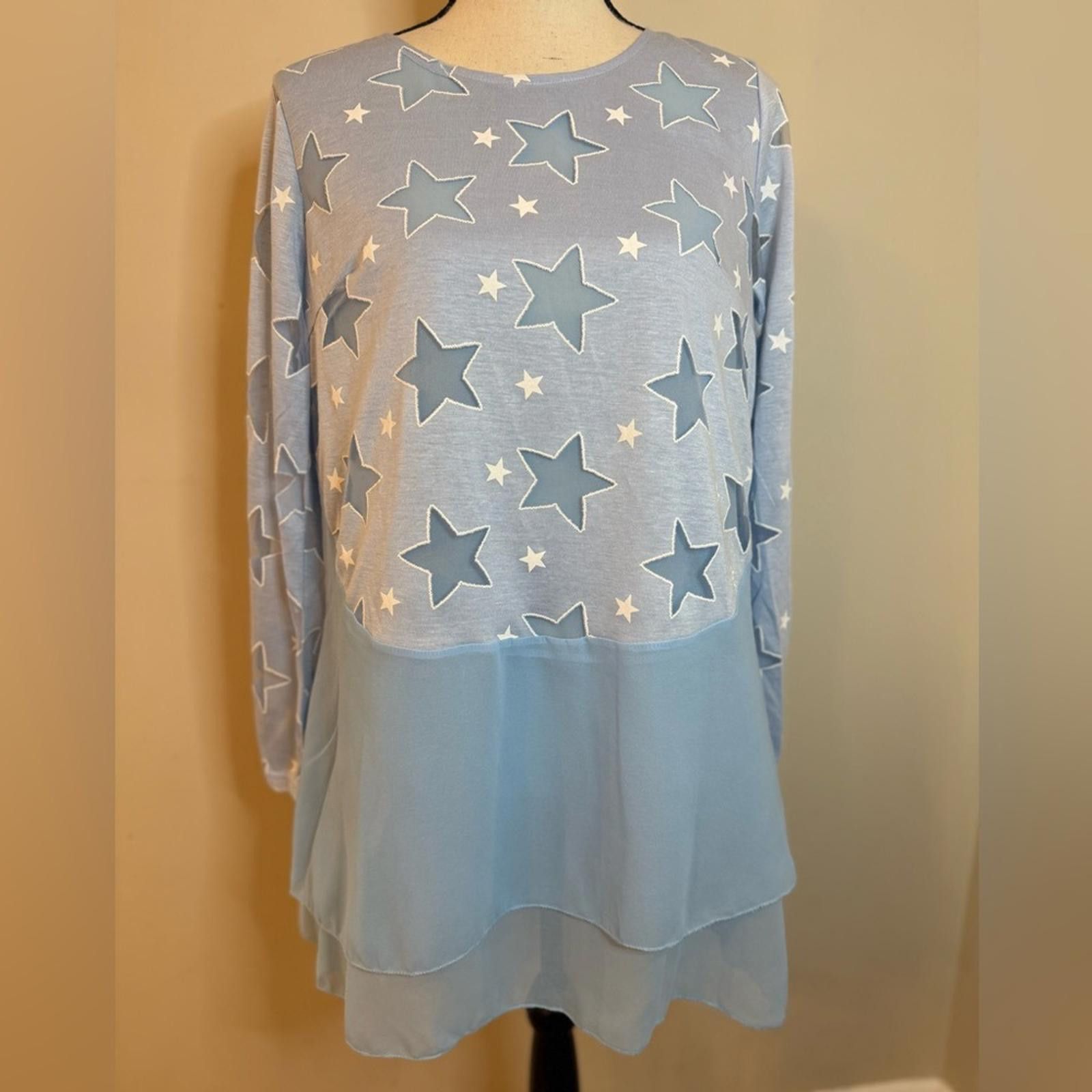 Other Yimeiyi sky blue tunic top embroidered stars Plus SZ XXL Size XXL / US 16-18 / IT 52-54 - 1 Thumbnail