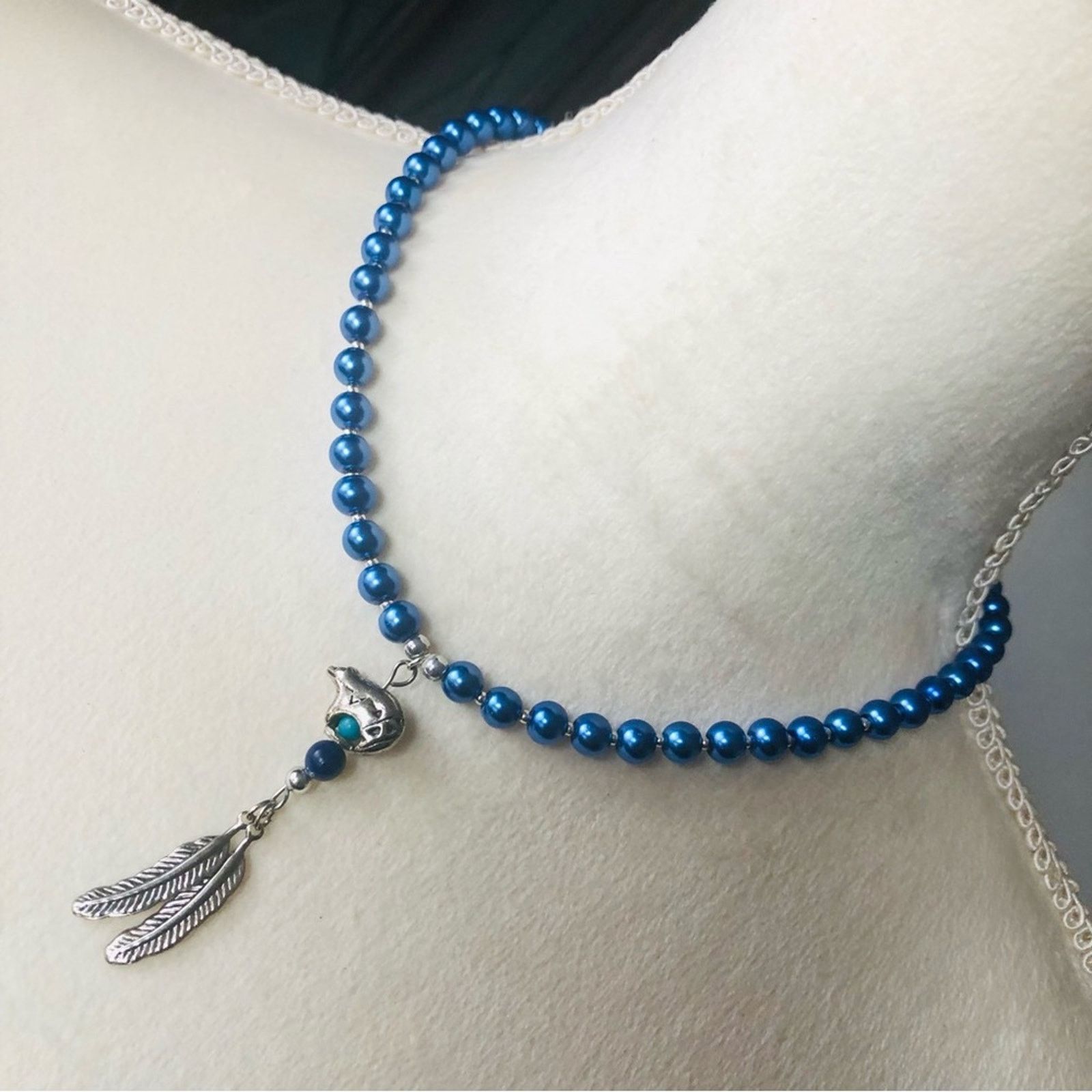 Handcrafted repurpose southwest bear feather Pearl necklace