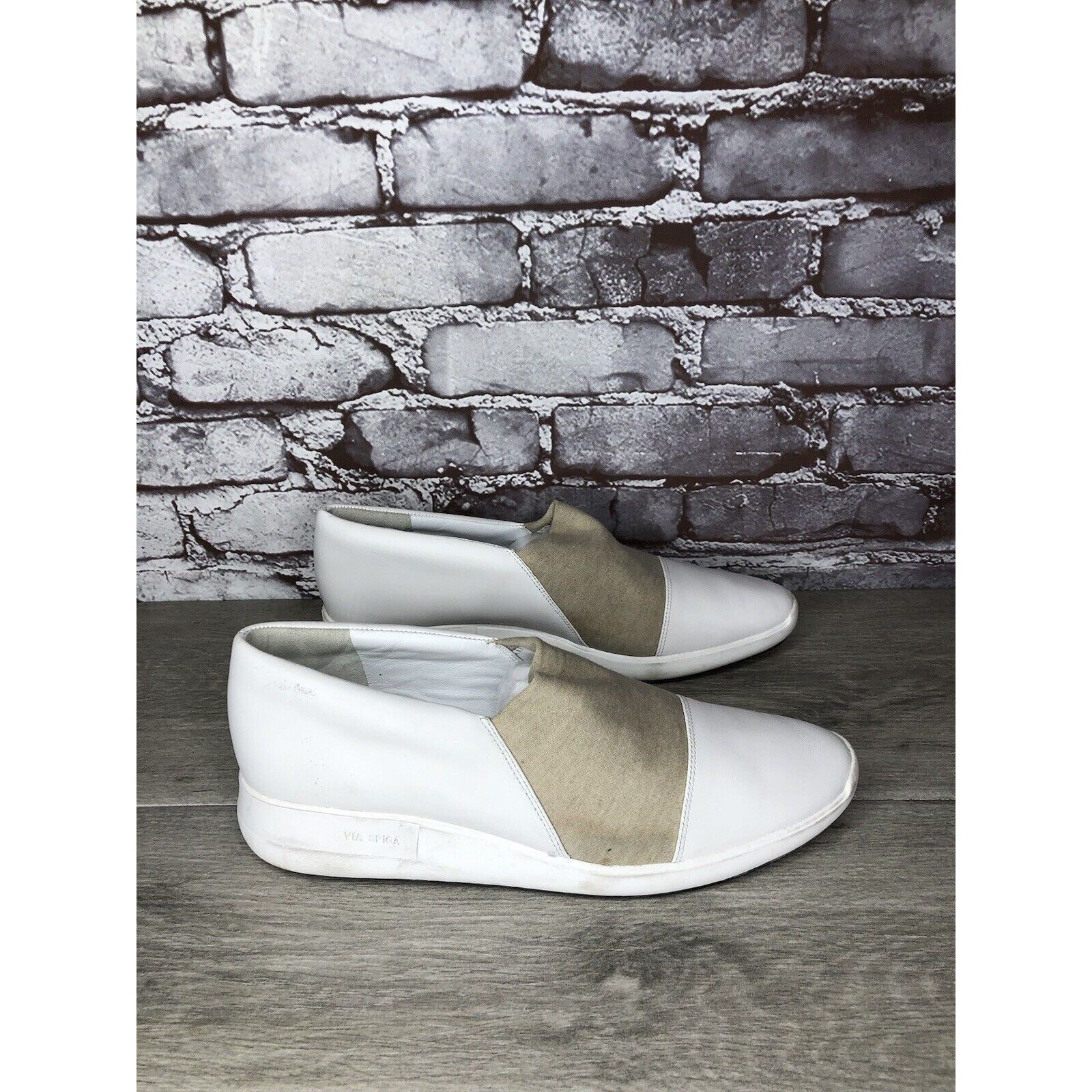 Other Via Spiga White Leather Beige Fabric Slip On Sneakers Women’ Size US 9.5 / IT 39.5 - 11 Thumbnail