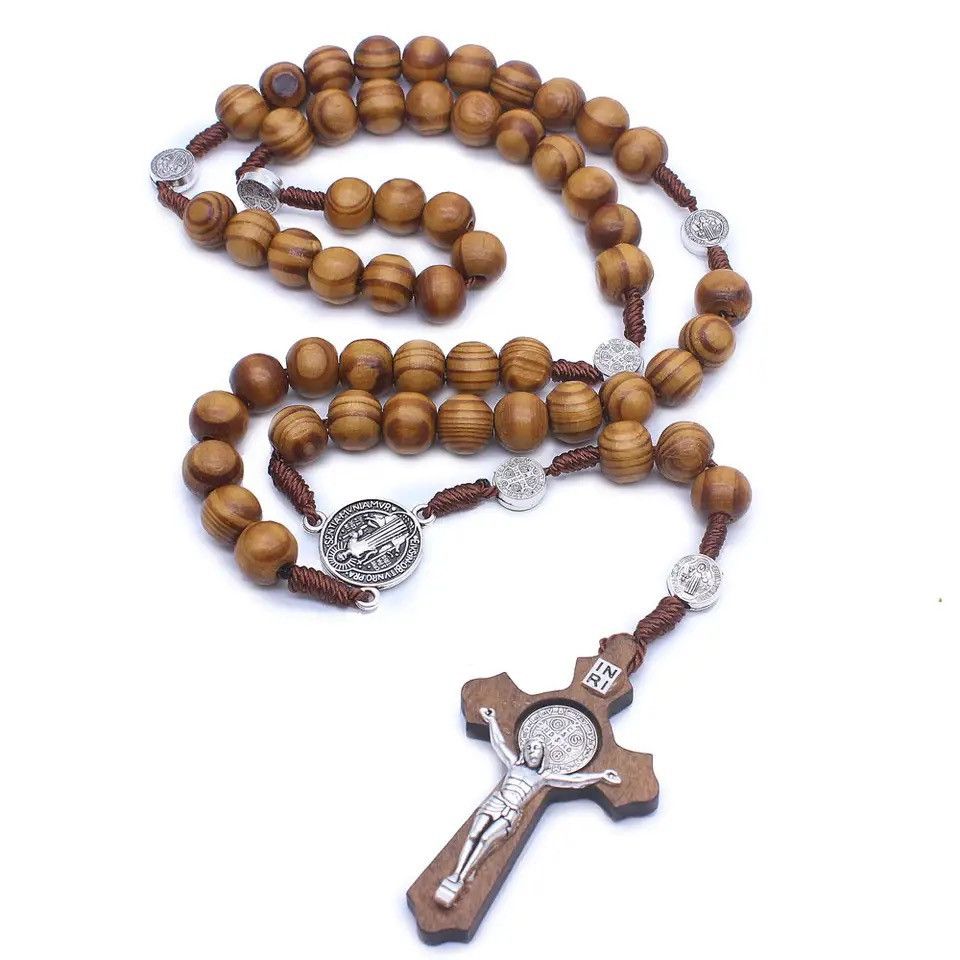 Jewelry × Vintage Trendy Brown Wooden Rosary Necklace Catholic Cross Pendant Size ONE SIZE - 2 Thumbnail