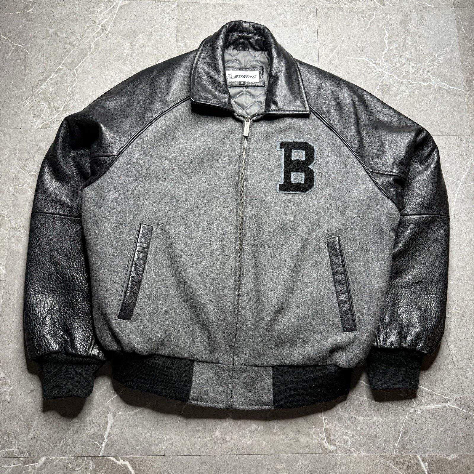 Vintage Boeing Grey Black Leather Wool Varsity Letterman Jacket Size US M / EU 48-50 / 2 - 2 Thumbnail