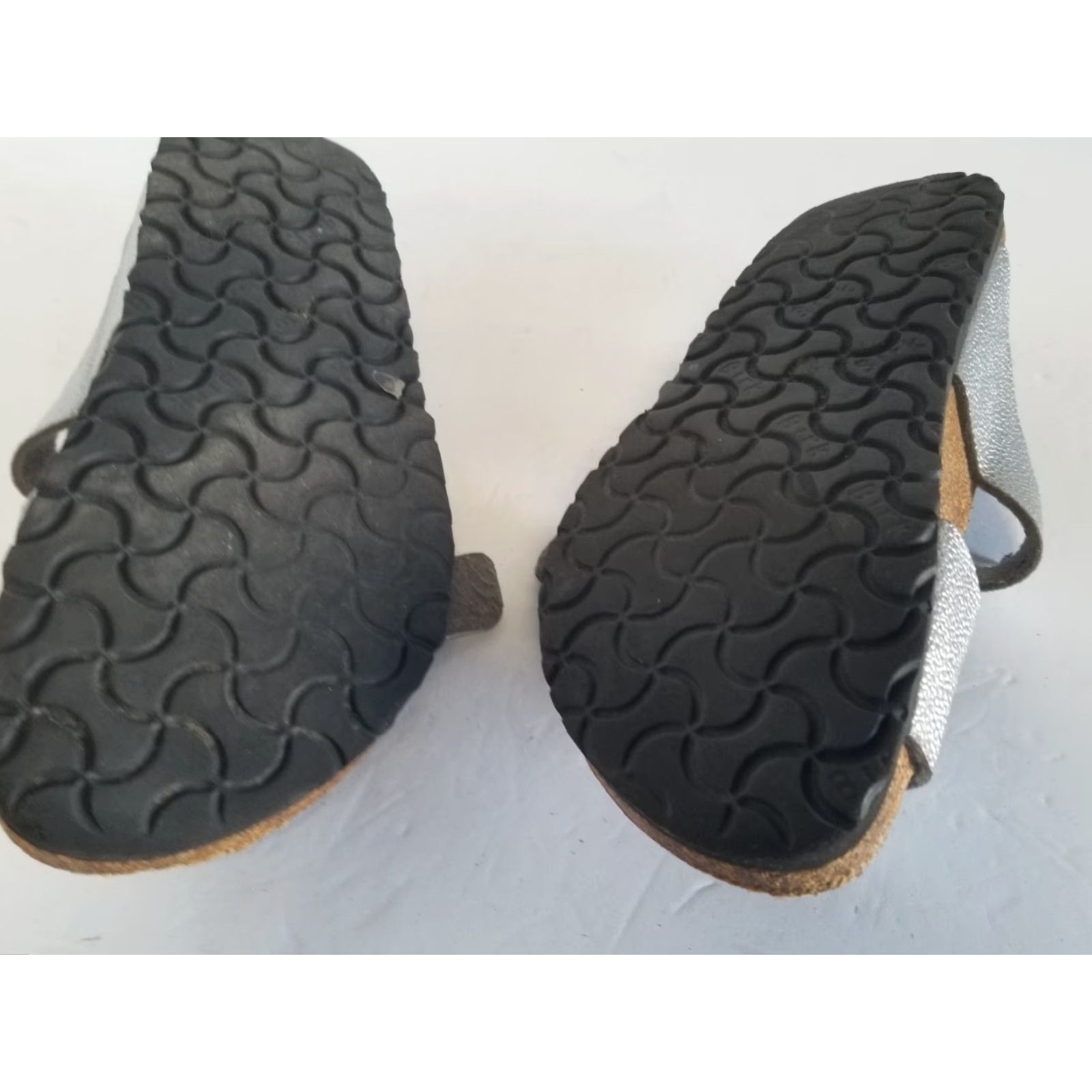 Birkenstock Birkenstock Sandals Birki's Womens 7 Silver Slip On Buckle Slide Shoes Leather Cork Rubber Flat Heel 1 in See All Pics Size US 7 / IT 37 - 7 Thumbnail