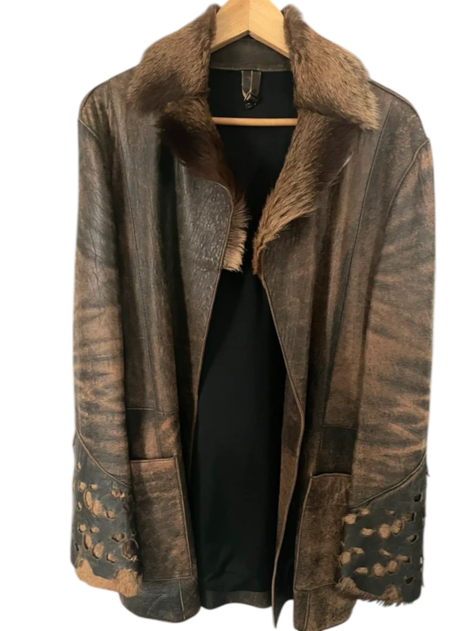 Just Cavalli Just Cavalli Distressed Leather Coat with Fur Collar Size US M / EU 48-50 / 2 - 12 Thumbnail