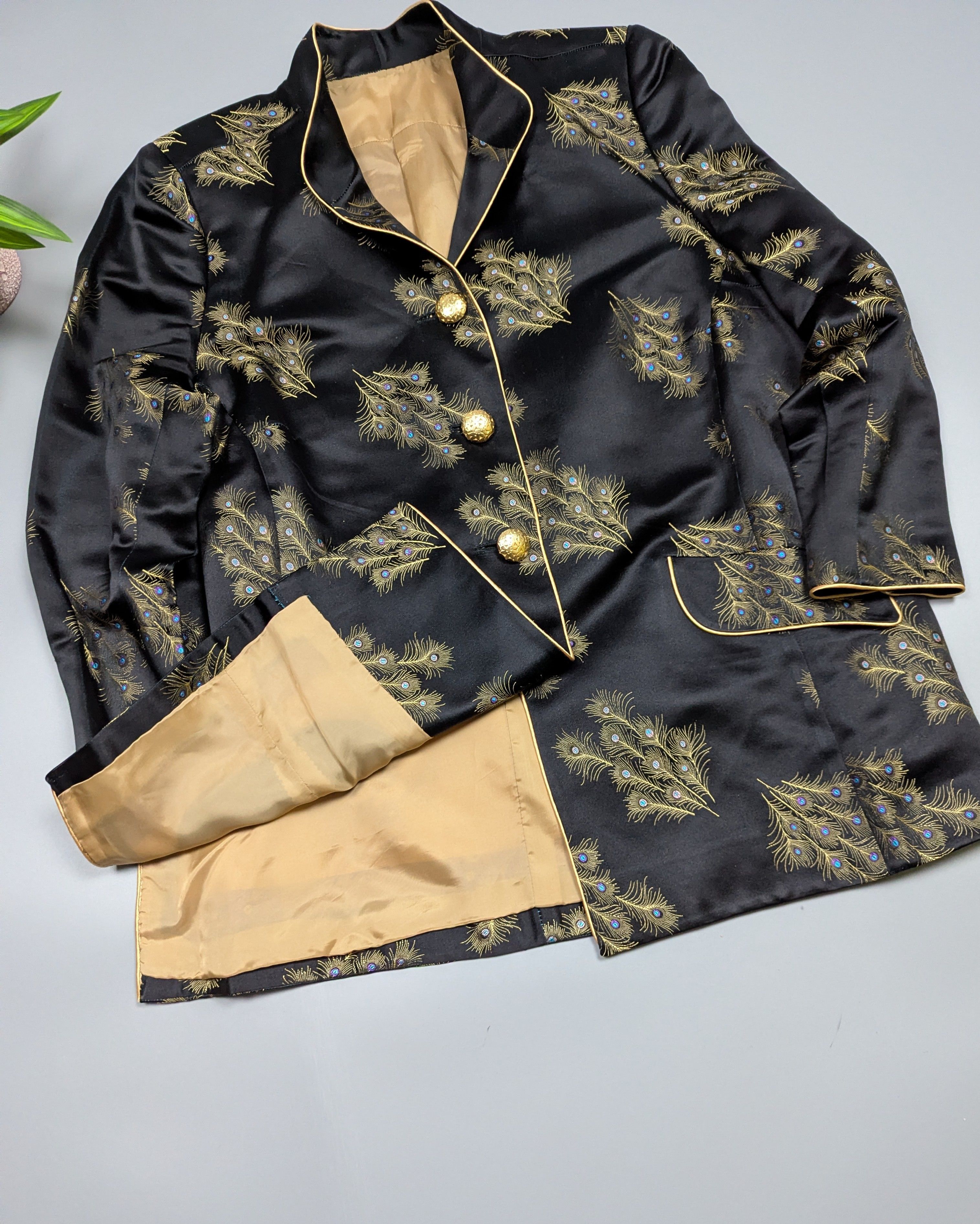 Vintage Vintage Satin Peacock Blazer Black Gold Handmade Size L Size L / US 10 / IT 46 - 10 Thumbnail