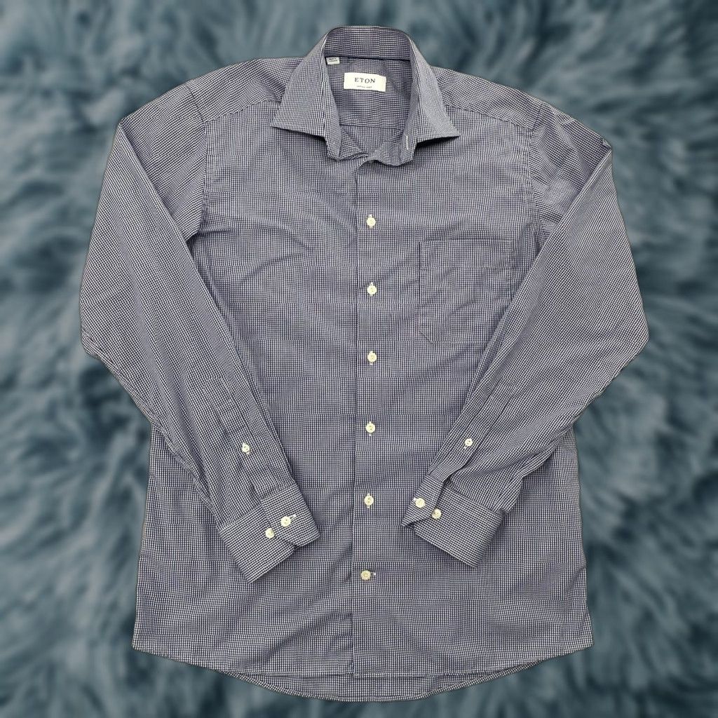 Eton VINTAGE Etón Dress Shirt Adult Medium Long Sleeve Blue Check Button Up Mens Business Casual Formal Wedding Size US M / EU 48-50 / 2 - 1 Thumbnail