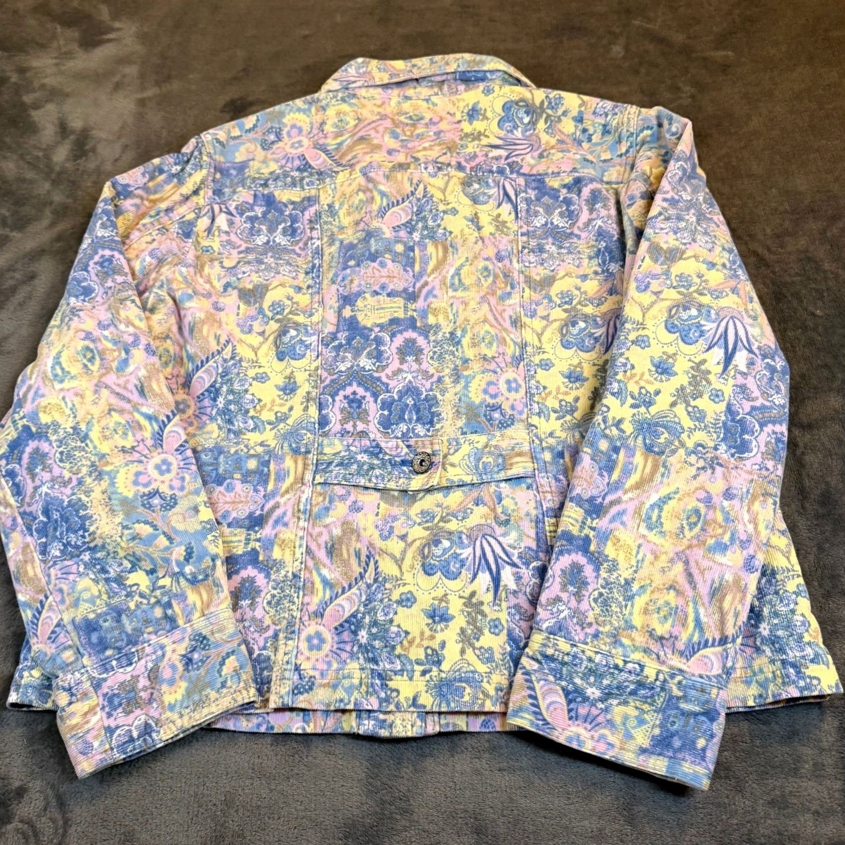 Vintage Christopher & Banks Jacket Womens Large Blue Yellow Paisley Corduroy Stretch Button Front Collared Pockets Short Length Size L / US 10 / IT 46 - 4 Thumbnail