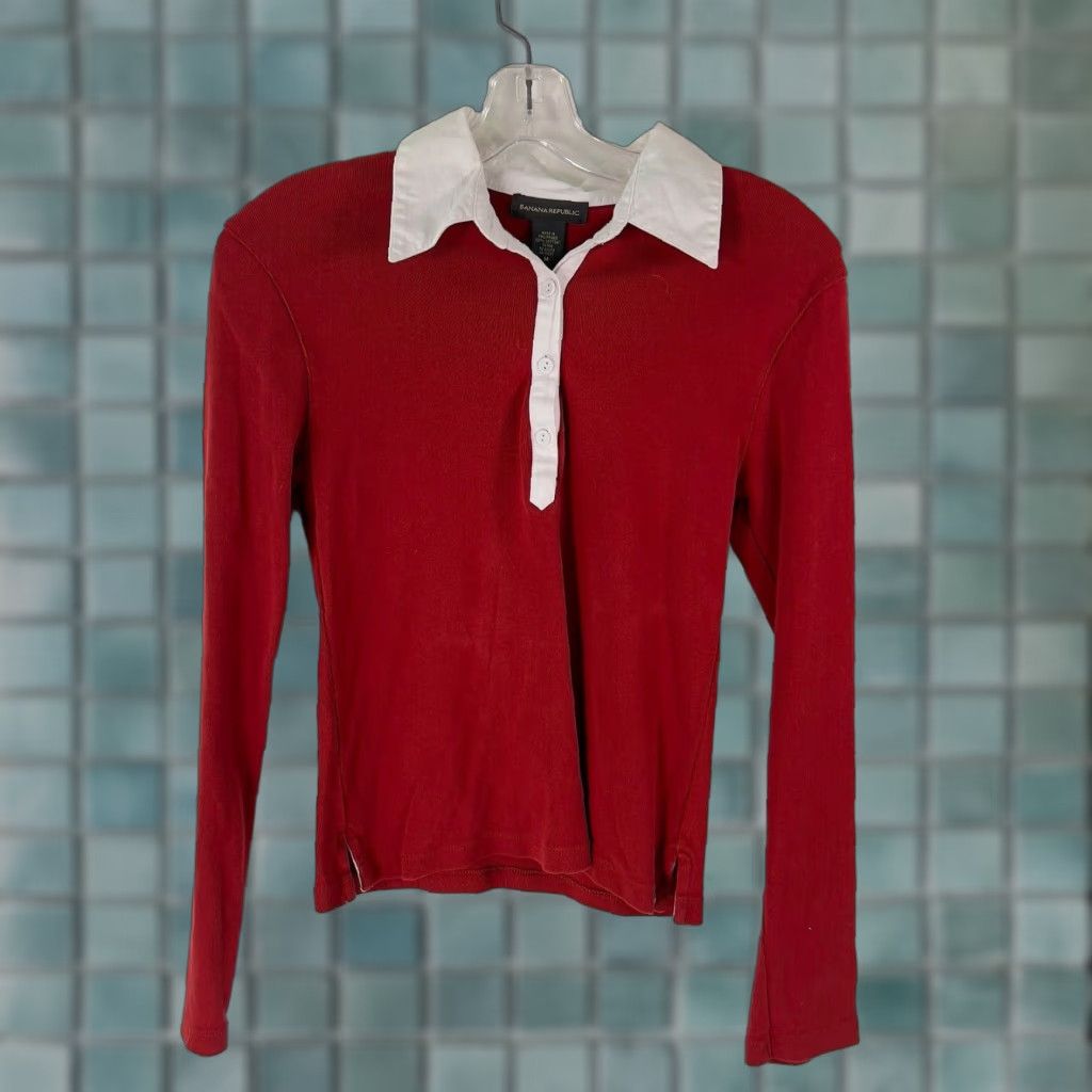 Banana Republic Banana Republic Sweater Pullover Long Sleeve Red Knit 100% Cotton M Womens Classic solid Button Collared Casual Kn/US Seller Size M / US 6-8 / IT 42-44 - 1 Thumbnail