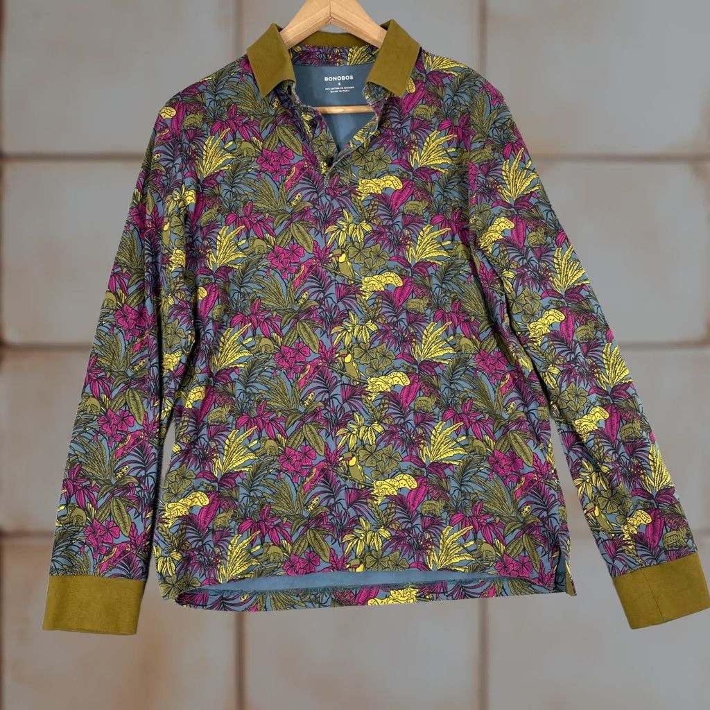 Bonobos Bonobos Polo Shirt Mens Small Blue Jungle Animal Print Long Sleeve Stretch Size US S / EU 44-46 / 1 - 1 Thumbnail