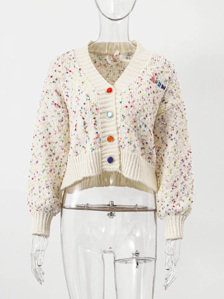 image of Print Dotted V-Neck Puff Sleeve Slim Cardigan in White, Women's (Size Large)