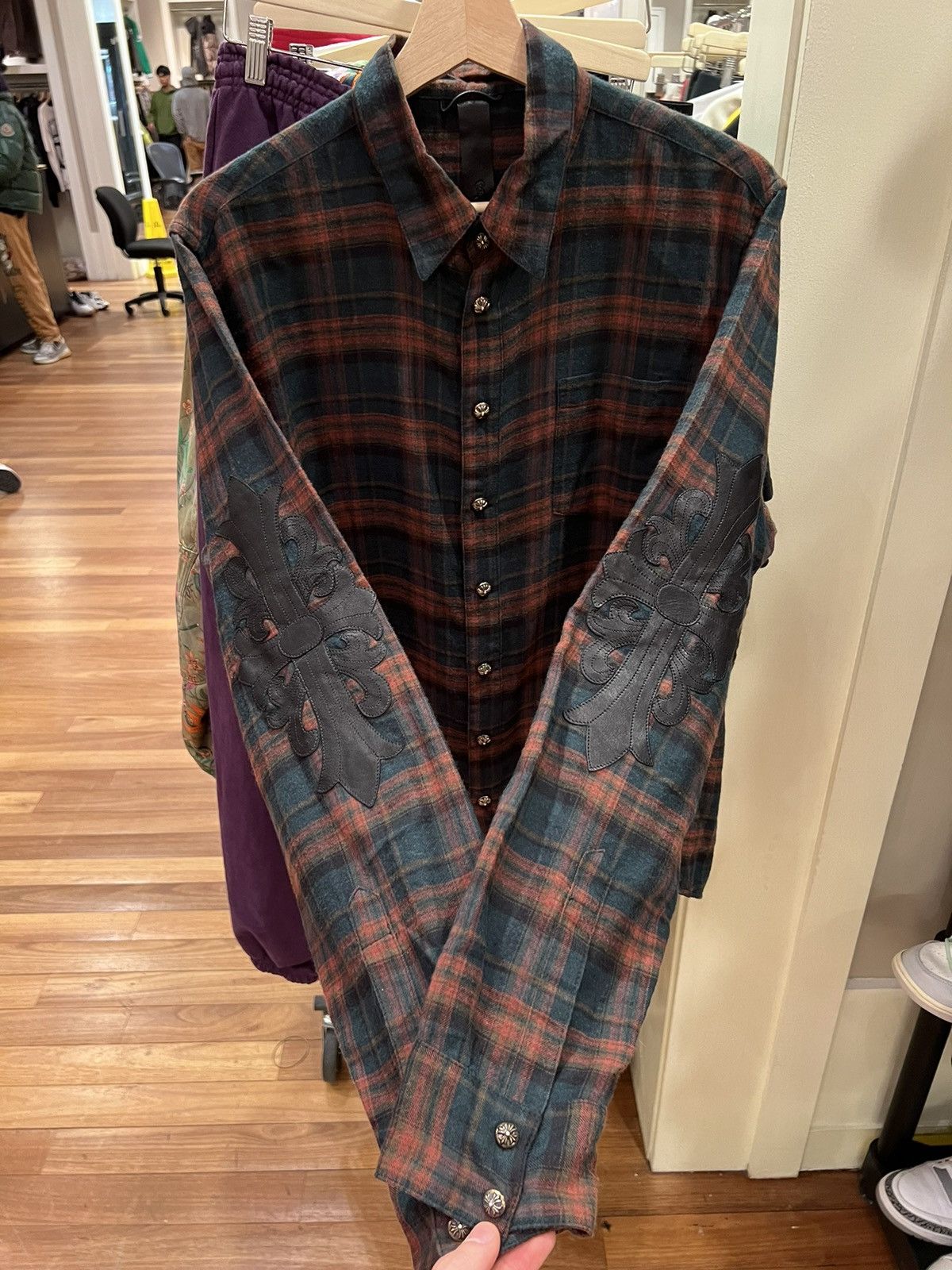 Pre-owned Chrome Hearts Plaid Floral Cross Patch Leather Flannel Shirt In Green Orange