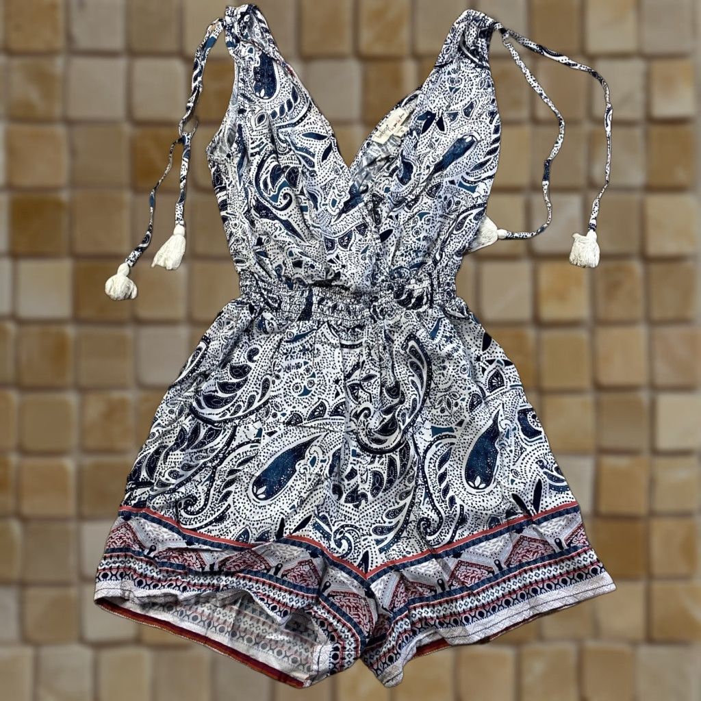 Vintage BeBop Tie Dye Sleeveless Romper Shorts Set for Teens, Blue & White, Casual Bohemian Beach Summer Spring, Size Small Size S / US 4 / IT 40 - 1 Thumbnail